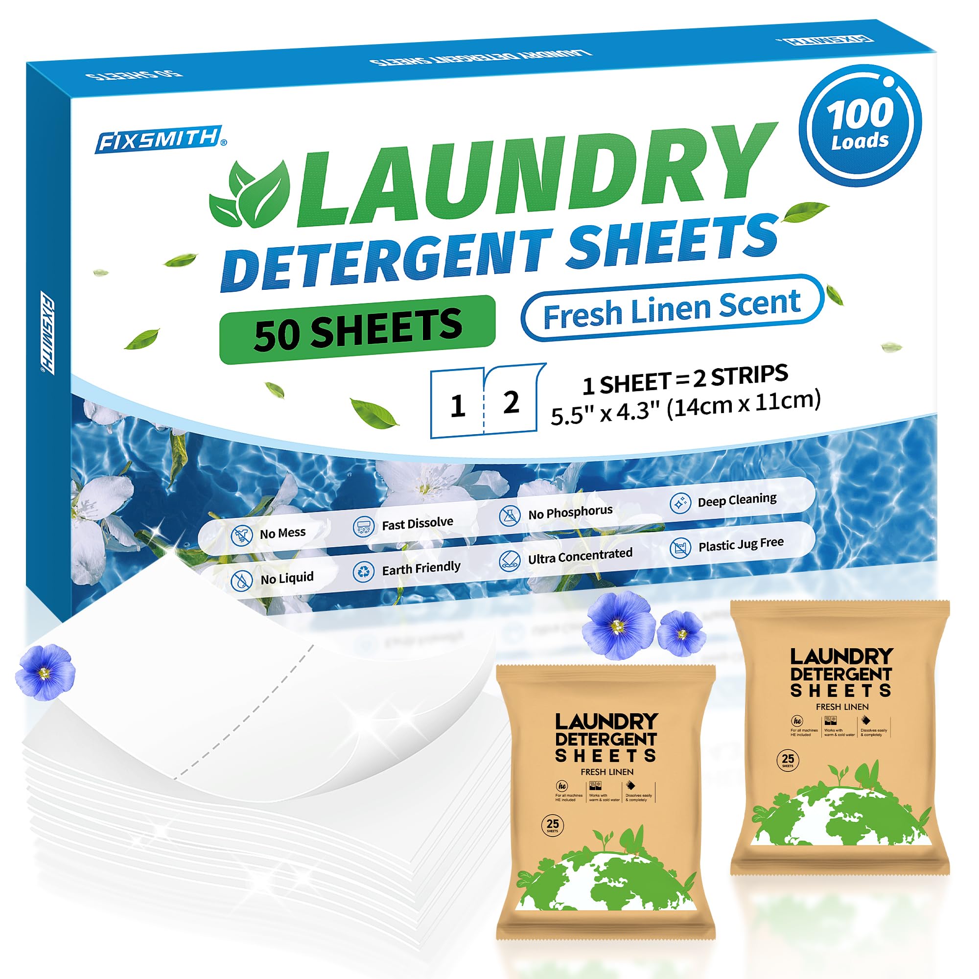 FIXSMITH Laundry Detergent Sheets - 100 Loads (50 Sheets) Fresh Linen Scent - Hypoallergenic, Laundry Detergent Strips Ultra-Concentrated Travel