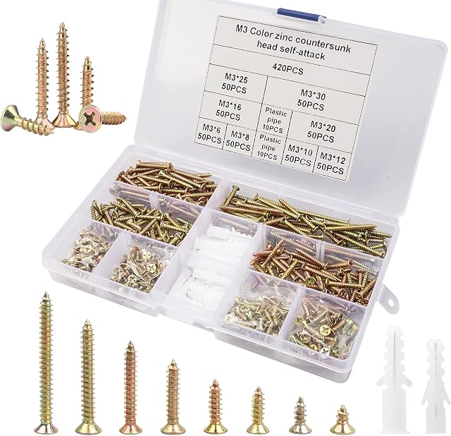 420PCS Screws and Wall Plugs Set Drywall Screws, Zinc Plated M3 Coarse Thread Self Drilling Wood Screw Flat Head Concrete Screws