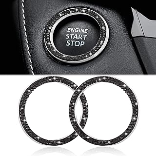 WINKA 2pcs Bling Car Engine Start Button Cover Diamond Crystal Push Start Stop Button Ring Sparkly Bling Ignition Button Cover Rhinestone Keyless Ignition Ring Universal Car Accessories (Black)