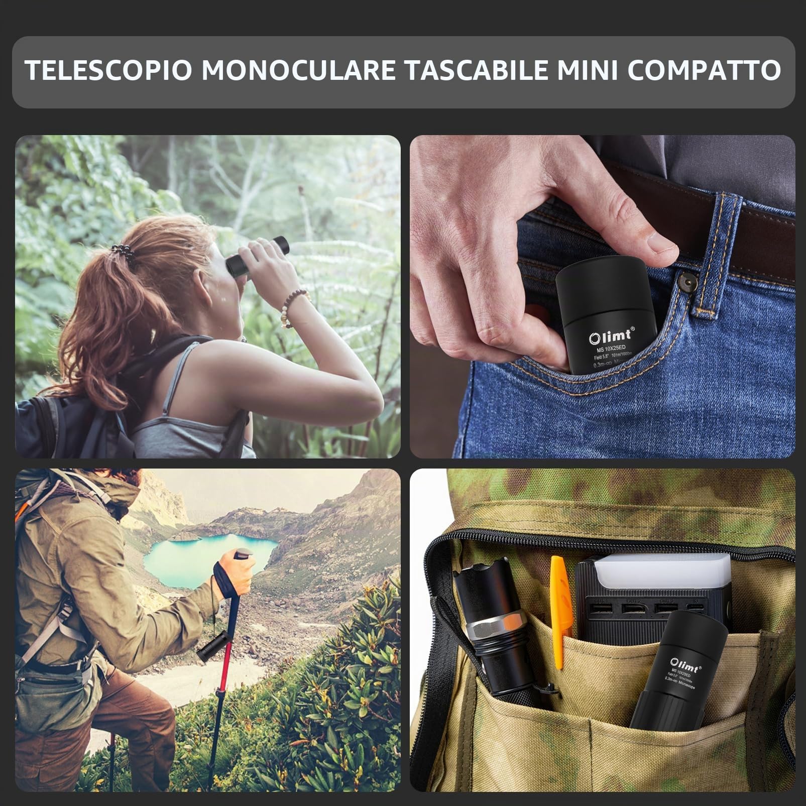 Telescopio monoculare, ingrandimento 10 x 25, compatto, formato tascabile, nero