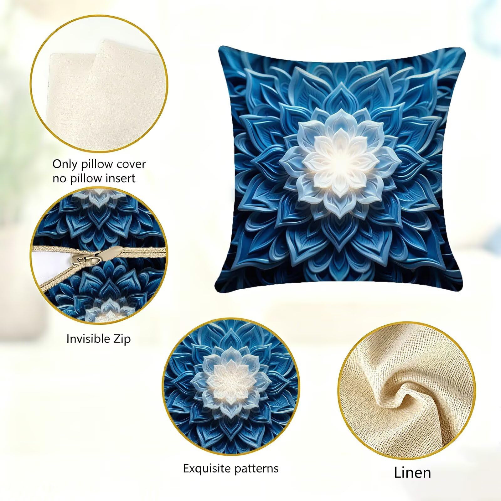 Blu Federe Cuscini Divano 60x60cm, Cuscini da Esterno Set de 4, Cod-153 | Lin Copricuscini Decorativi Letto Arredo, per Letto, Soggiorno, Giardino, Esterno, Casa Decorazione Set di 4 Fiore