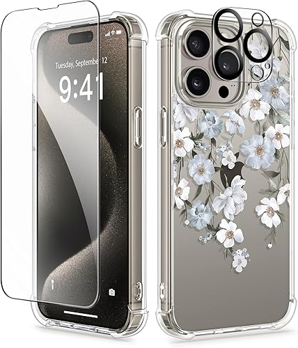 GVIEWIN Funda para iPhone 15 Pro floral, con protector de pantalla + protector de lente de cámara, no se pone amarillenta delgada y a prueba de