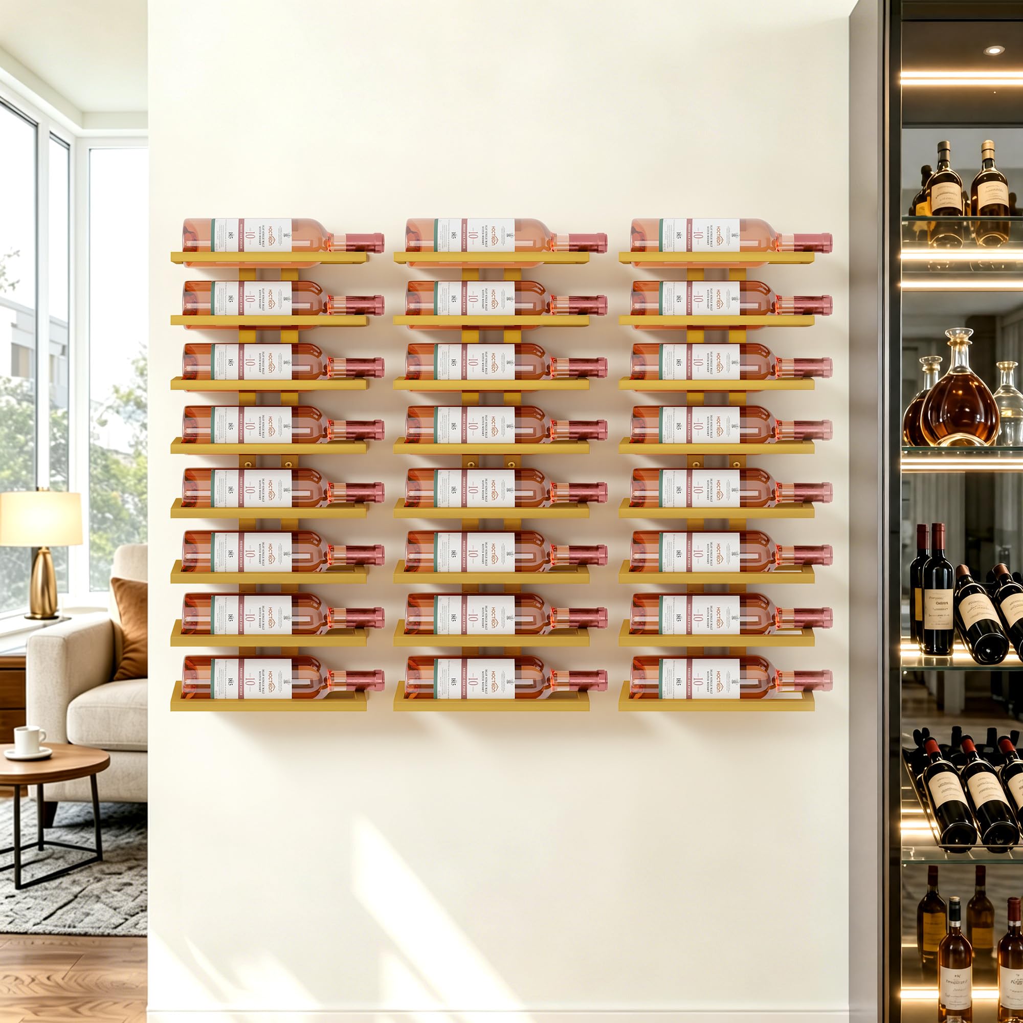 Hoctieon 3-Set 8 Tier Wall Mount Wine Rack (24 Tiers), Wall Racks for Wine Bottles Display and Storage, Hanging Bottle Organizer for Living Room, Kitchen, Wine Cellar, Bar, Yellow