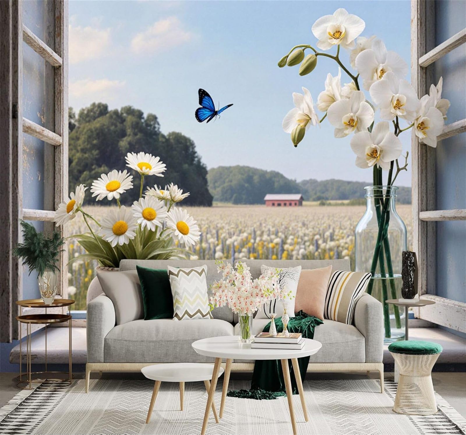XLMING Shop Window Orchids Blue Butterflies Rural Countryside Scenery 3D Wallpaper Premium Textured Silk Study Dining Living Room Bedroom Sofa TV Wall Easy Install-300cm×210cm