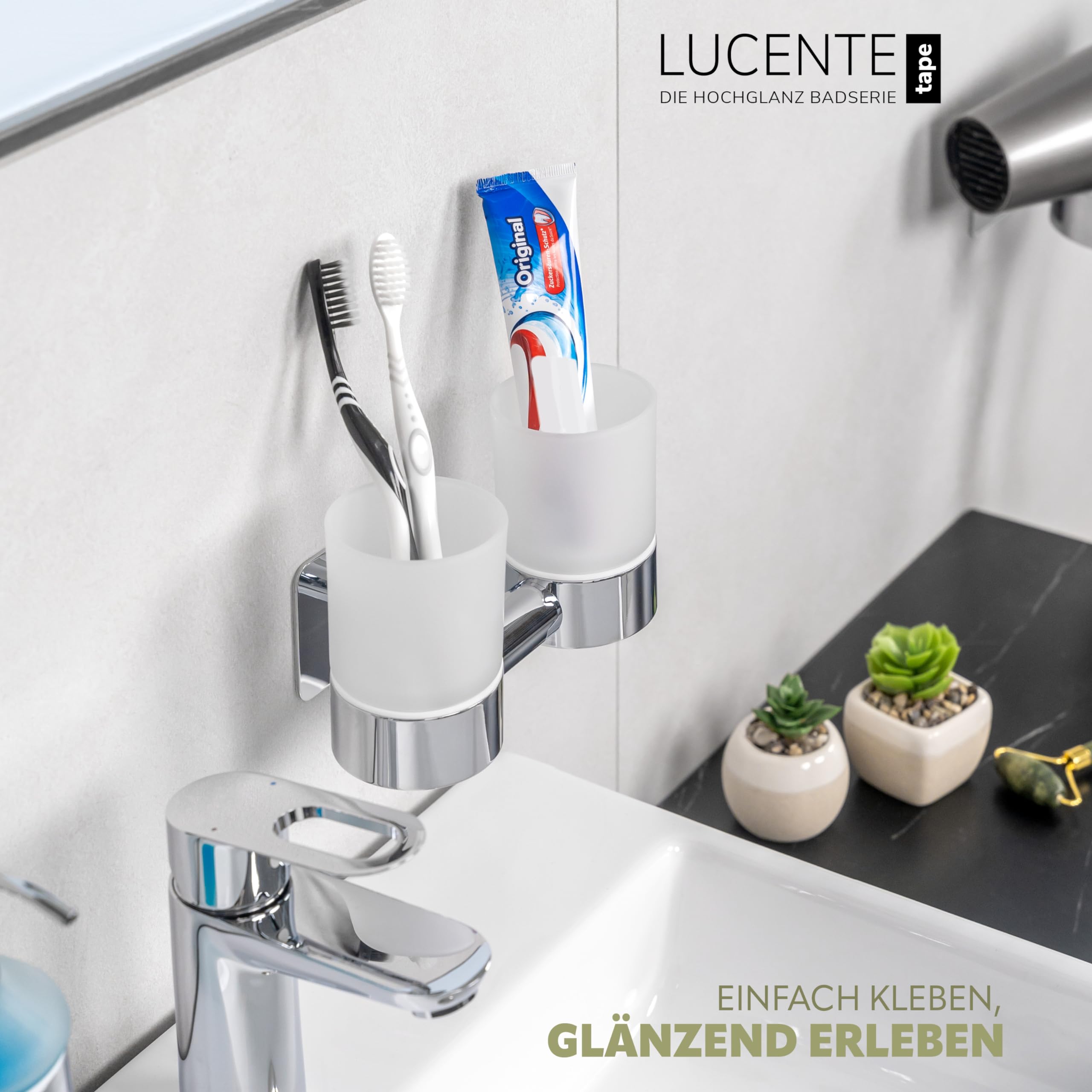 bremermann Bad-Serie Lucente Tape - Doppel-Glasbecherhalter selbstklebend Glas & Edelstahl, hochglänzend - kein Bohren 3M Klebebefestigung Zahnputzbecher