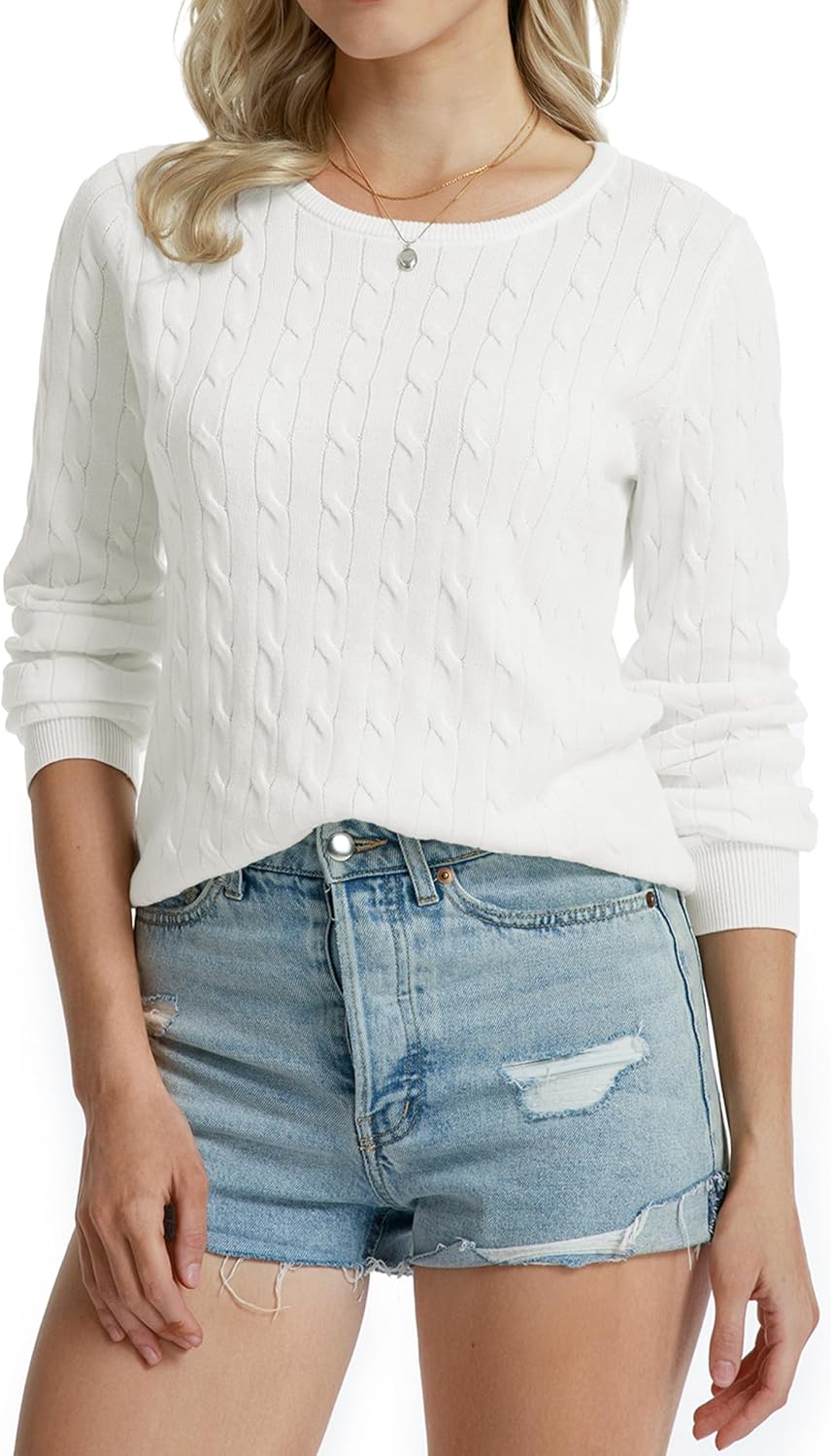 QUALFORT Womens 100% Cotton Cable Knit Sweater Lightweight Crewneck or V Neck 2026