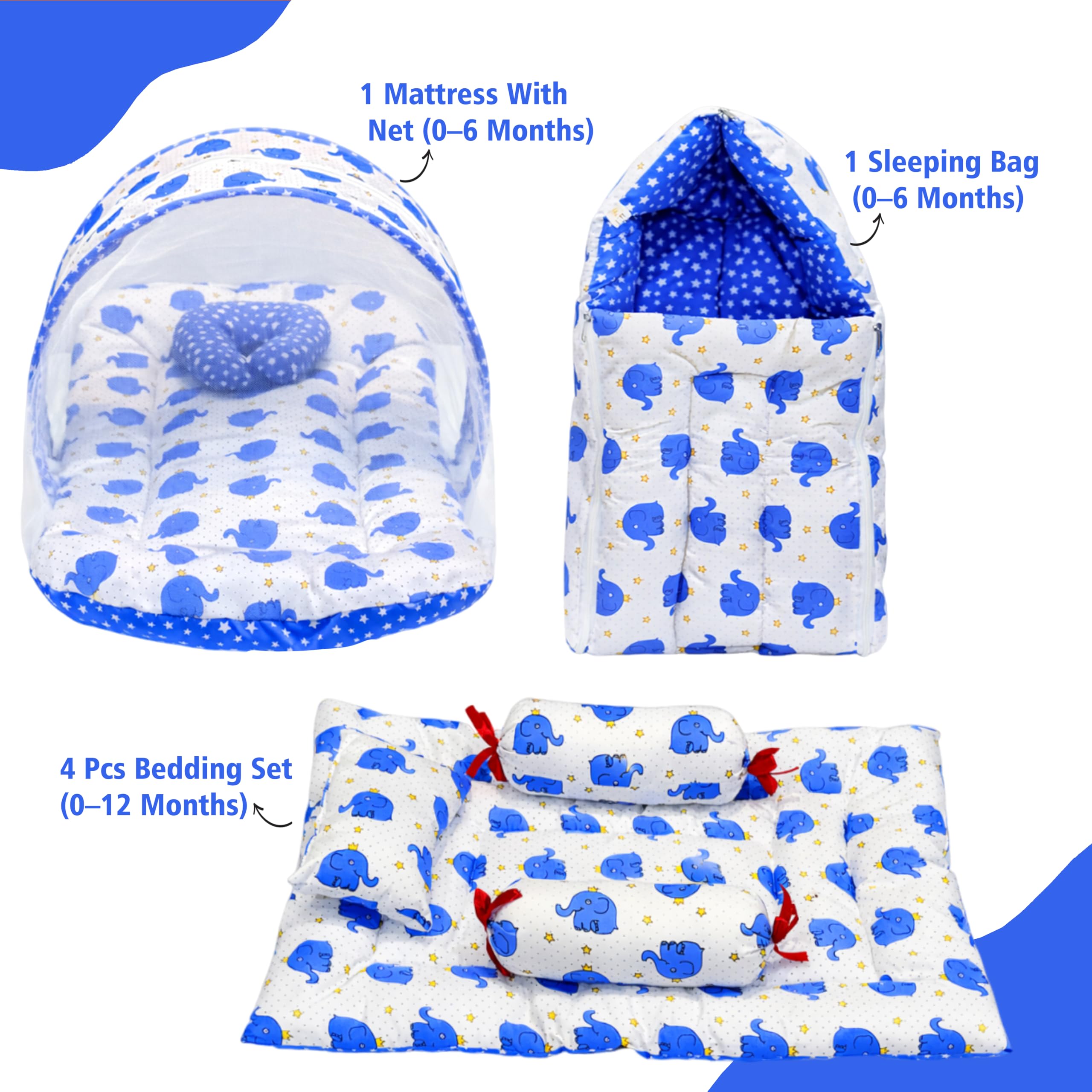 Infantbond Combo of Baby Bedding Set | Baby Bed | Newborn Baby Bedding All (0-6 Months) (Elephant) (3, Blue E) 3