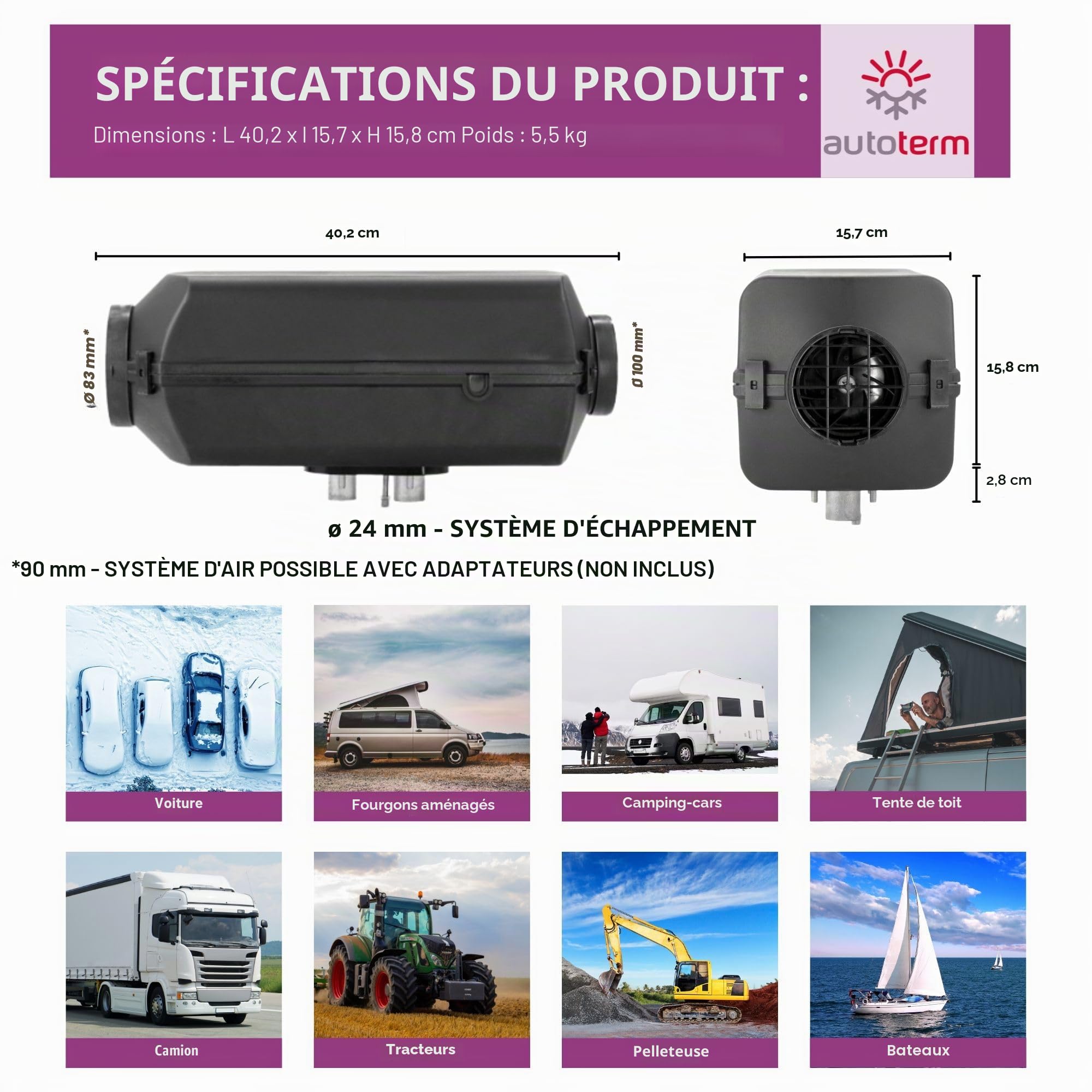 Autoterm Air 4D 4 KW 12 V Chauffage auxiliaire diesel Chauffe-air avec LED – Panneau de commande Comfort Control et pompe à carburant silencieuse pour voiture, camion, camping-car, bateau