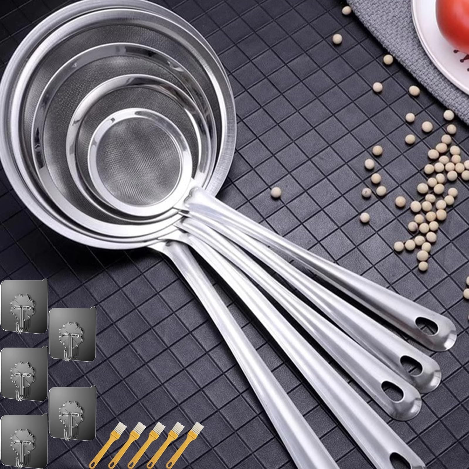 Tamiz de harina de acero inoxidable, juego de 5 tamices de cocina (8/10,5/13,5/16/18 cm), colador de malla fina con asa para colar o drenar