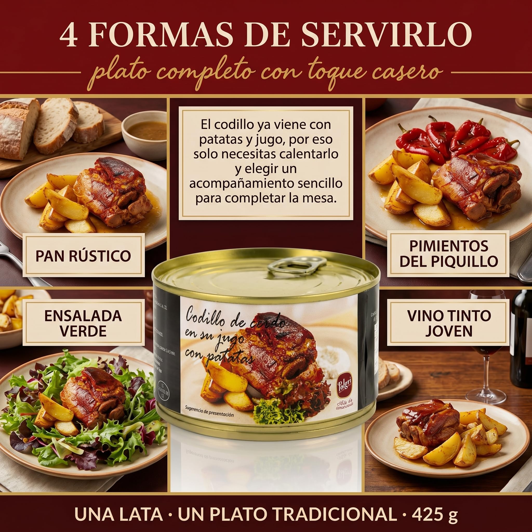 POLGRI Codillo de Cerdo en su Jugo Deshuesado con Patatas Lata 425 g Conserva Carne Cocinada Receta Manchega