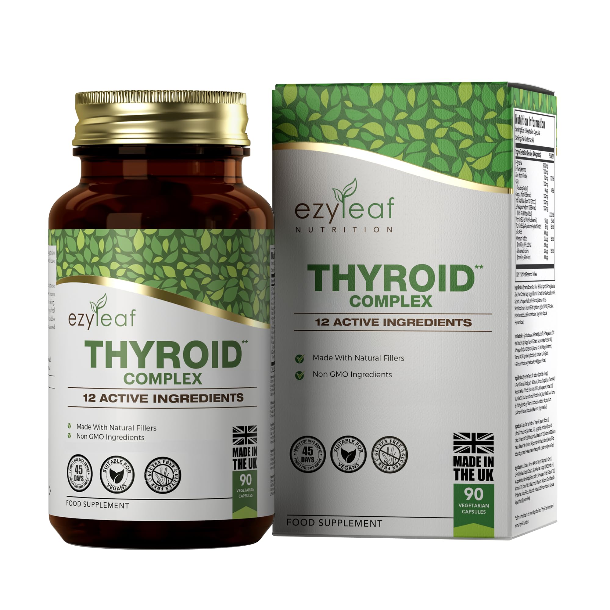 Ezyleaf Thyroid Complex | L Tyrosine Thyroid Support Supplement with Ashwagandha, Iodine, Zinc, Kelp, Sea Moss, Potassium Iodide, Guggul Extract & Selenium | 90 L-Tyrosine Capsules | UK ISO Certified