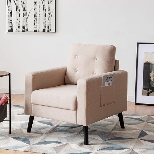 Miniatura 2 de Giantex Silla decorativa moderna, sillón tapizado de mediados de siglo con patas de madera de goma, sofá individual de tela de lino para sala de