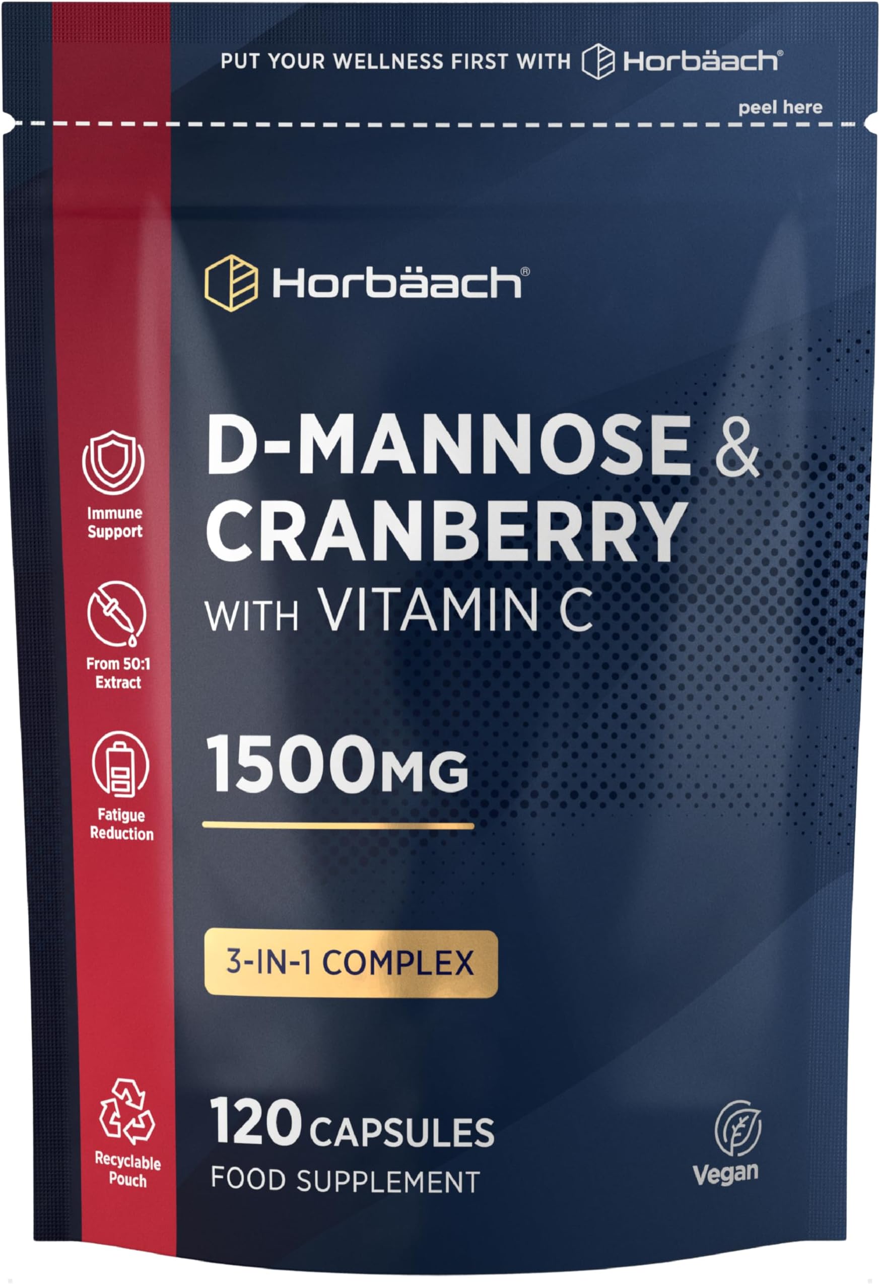 D Mannose and Cranberry 1500mg | 3 in 1 D-Mannose Capsules + Vitamin C | Urinary Tract Infection (UTI) Relief | 120 Vegan Capsules | by Horbaach