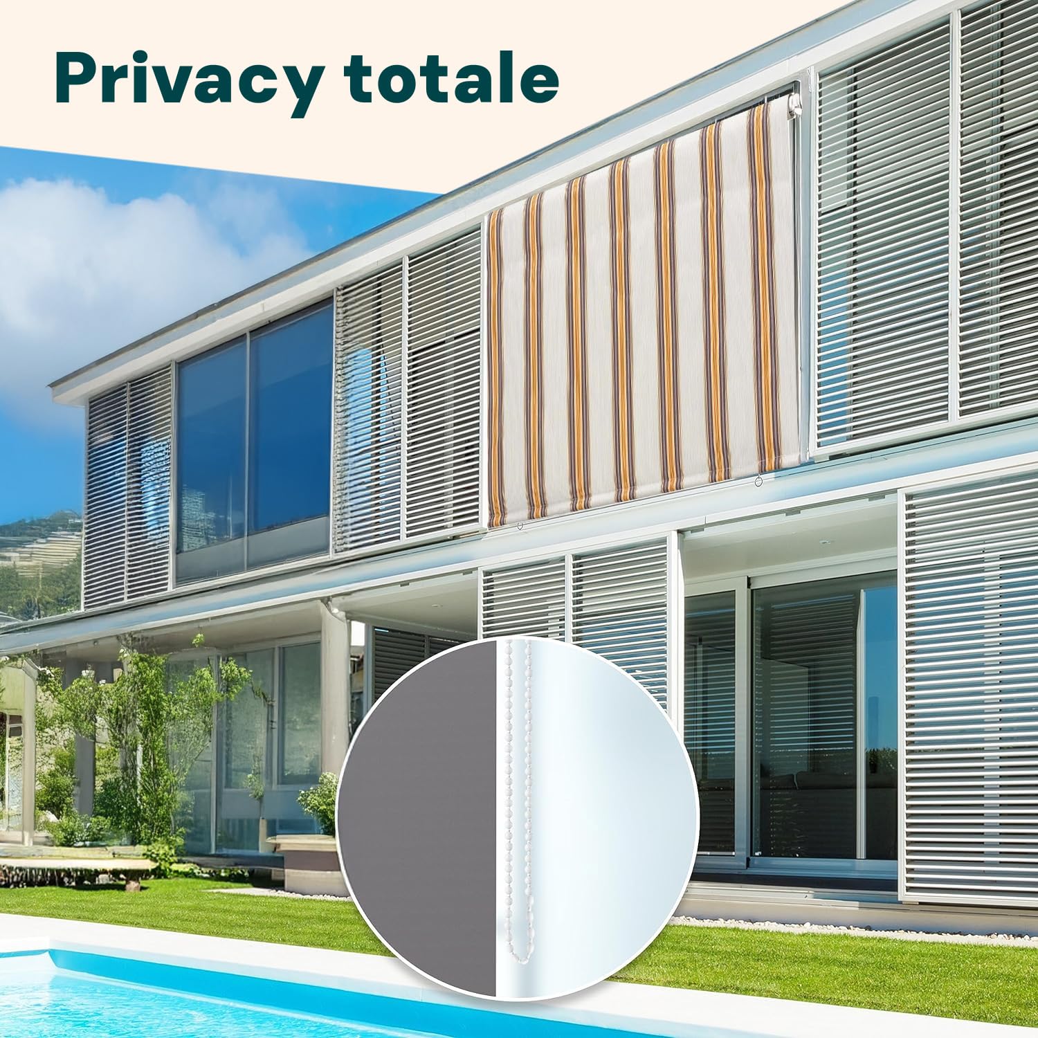 Tenda da Sole a Caduta 150x250 cm con Rullo in Alluminio, Parasole Esterno a Righe Beige, Attacco Soffitto Incluso