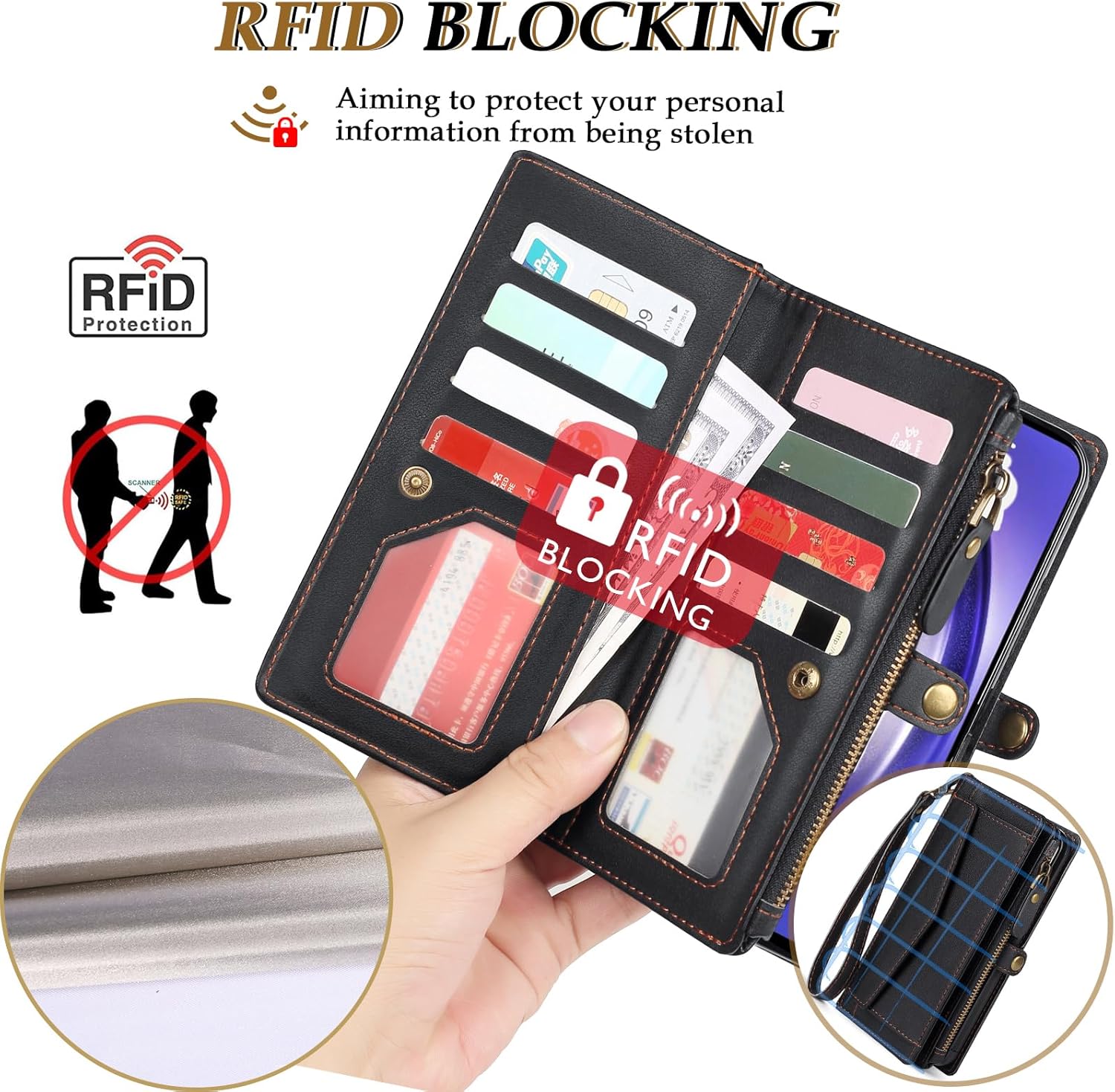 Compatible with iPhone 17 Pro Max 6.9" Wallet Case with RFID Blocking Card Holder for Women, PU Leather Flip Zipper Wallet Detachable Magnetic Phone Case Crossbody Strap, Black - Image 5