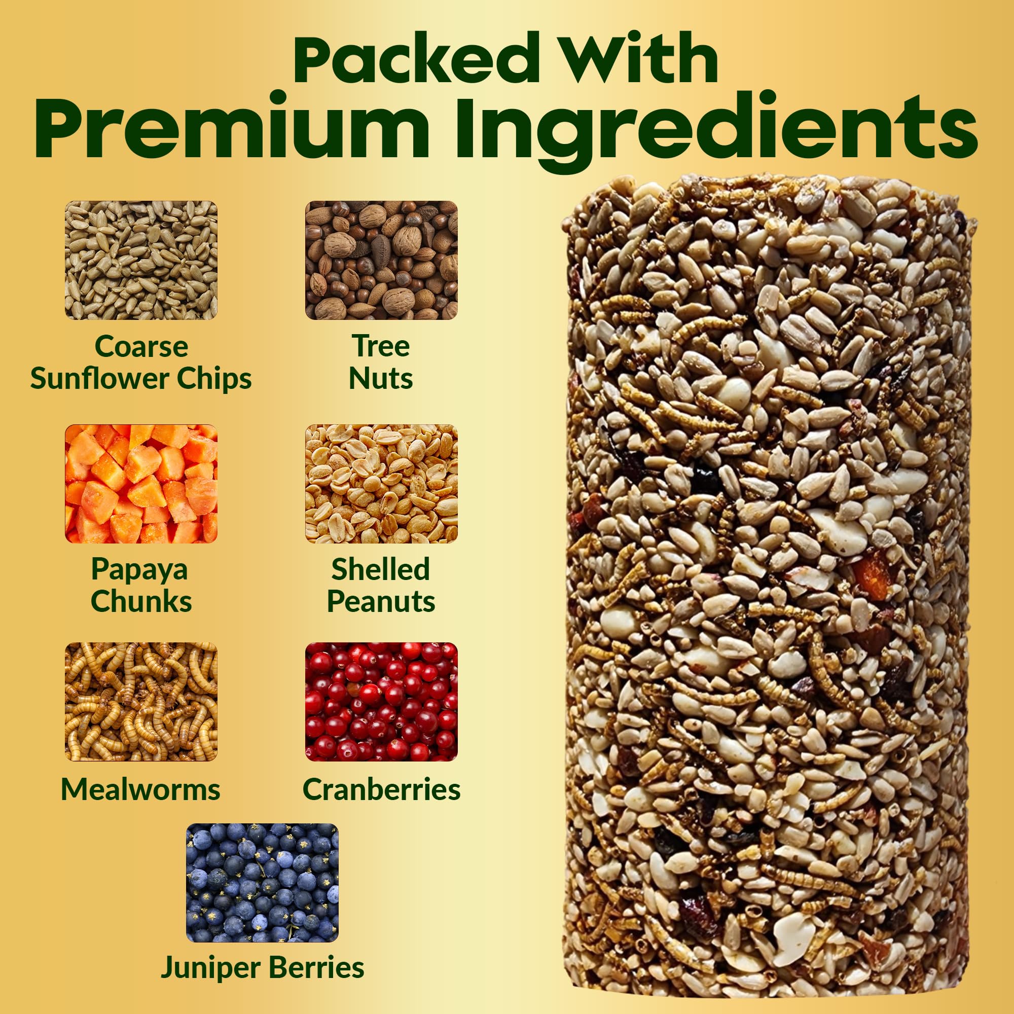 Cilindro de semillas de pájaros con agujero, frutos secos y bayas, alimento para pájaros carpinteros, Blue Jays, trepadores y más, mezcla natural rica en proteínas de alta calidad, sin rellenos