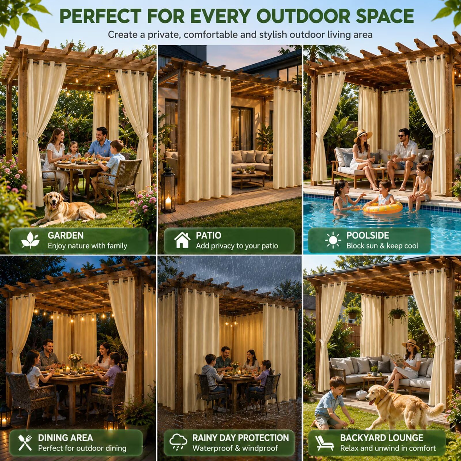 Pavillon Vorhang Outdoor wetterfest mit Ösen 210g/m² H213 x W381cm Beige | Reduziert UV-Strahlen und direkte Sonneneinstrahlung für mehr Schatten auf Balkon, Pergola oder Terrasse.