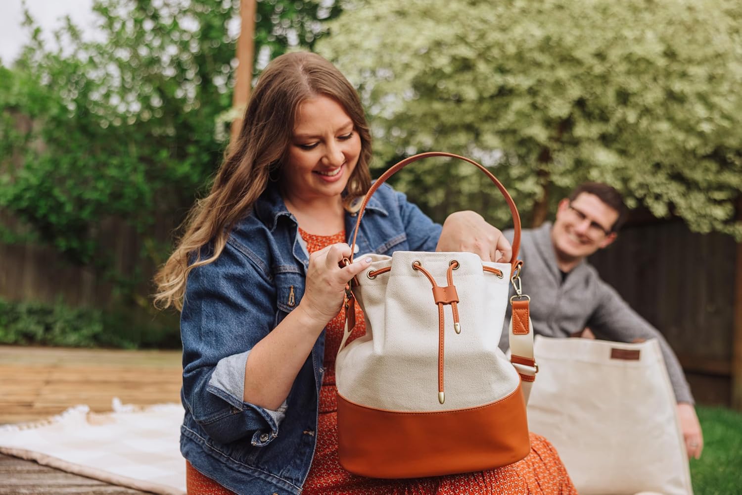PICNIC TIME Sirolo Canvas & Leatherette Tote, Stylish Beach Tote Bag for Women, Drawstring & Interior Snap Closure for Outdoors, (Beige Canvas)