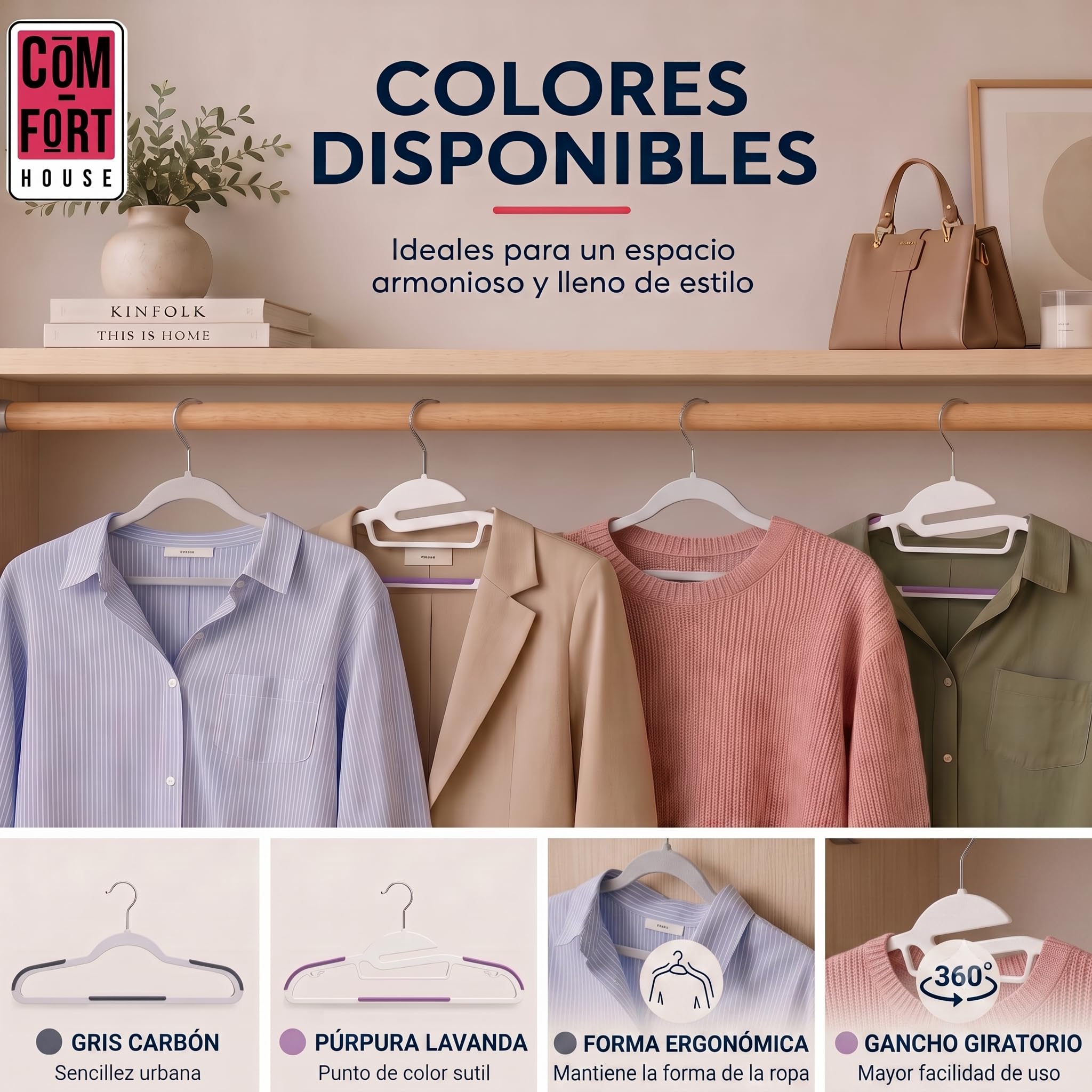 Perchas de Plástico Antideslizantes 45 cm Pack 120 COM-FORT HOUSE | Gancho giratorio 360°, Superficie antideslizante, Alta resistencia, Ahorra espacio
