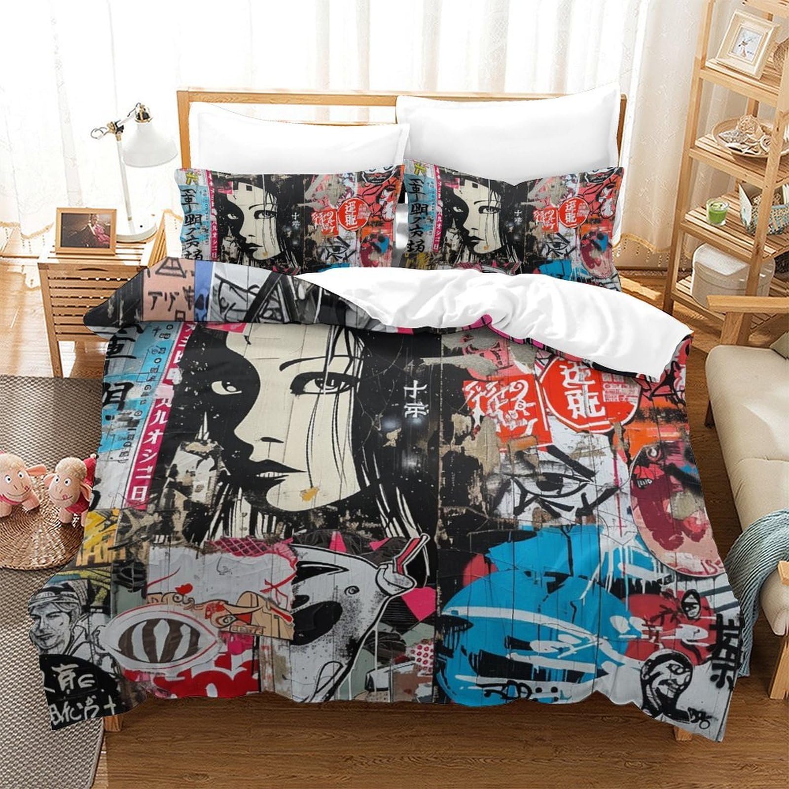 Housse de couette graffiti japonais douce pour transformer la chambre des ados et enfants