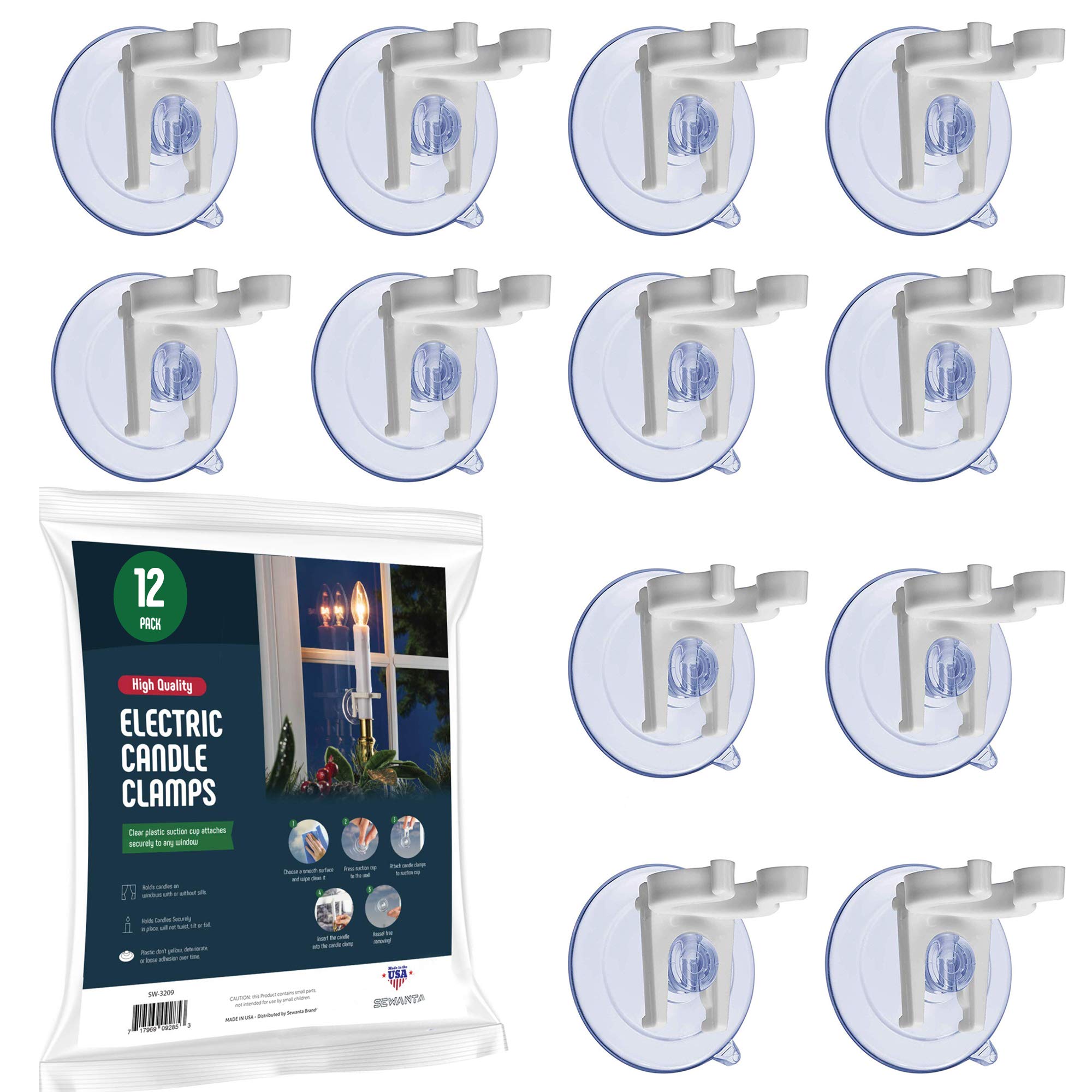 window candle holders suction cup - set of [12] christmas window candle clamps with suction cups - candle holder, ideal for christmas celebration candles - 2'' candle base diameter - made in the usa