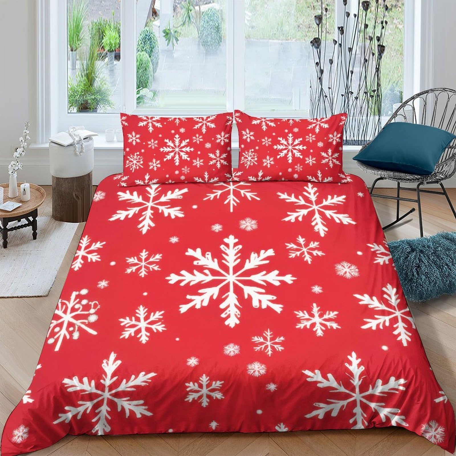 GPLZQXKJNH 3D Printed Red Snowflake Duvet Cover Microfiber Soft Breathable Christmas Bedding Set with 2 Pillowcases for Bedroom Decor 120x200cm Single（135x200cm）