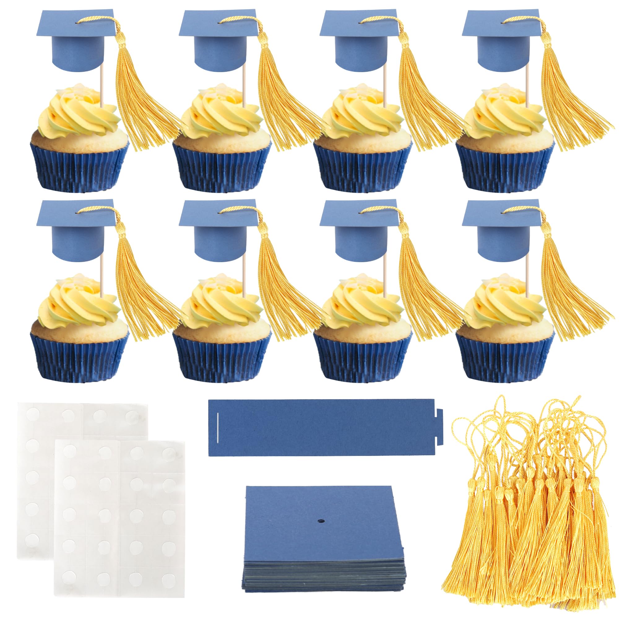24 Pack 2026 Graduation Cap Cupcake Toppers with Tassel Class of 2026 Congrats Grad Cap Cupcake Picks Graduation Party Decorations for 2026 School Graduate Party Cake Decorations Blue Gold — image 1