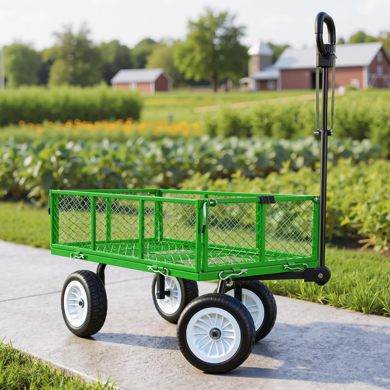 VEVOR Chariot de Jardin en Acier Max. 408,2 kg Chariot de Transport de Jardin pour Bois Terre Débris, Côtés Amovibles, Pneus PU Increvables 25,4 cm, Poignée Réglable, Compatible Quad Tracteur, Vert