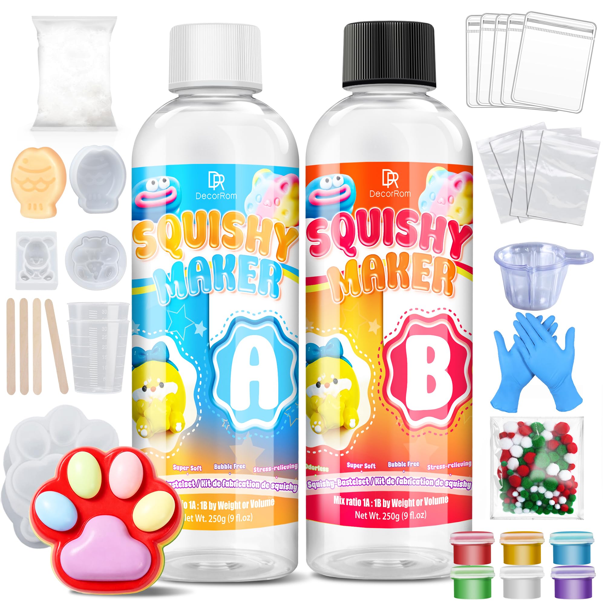 Liquid Silicone for Taba Squishy Kit, 500g 1:1 AB Ratio Mixed Super Soft Fast Cure for Squishy Maker, Squishy Rubber for Cat Paw & Hamster Molding with Flocking Powder, Pom Poms Decompression Craft