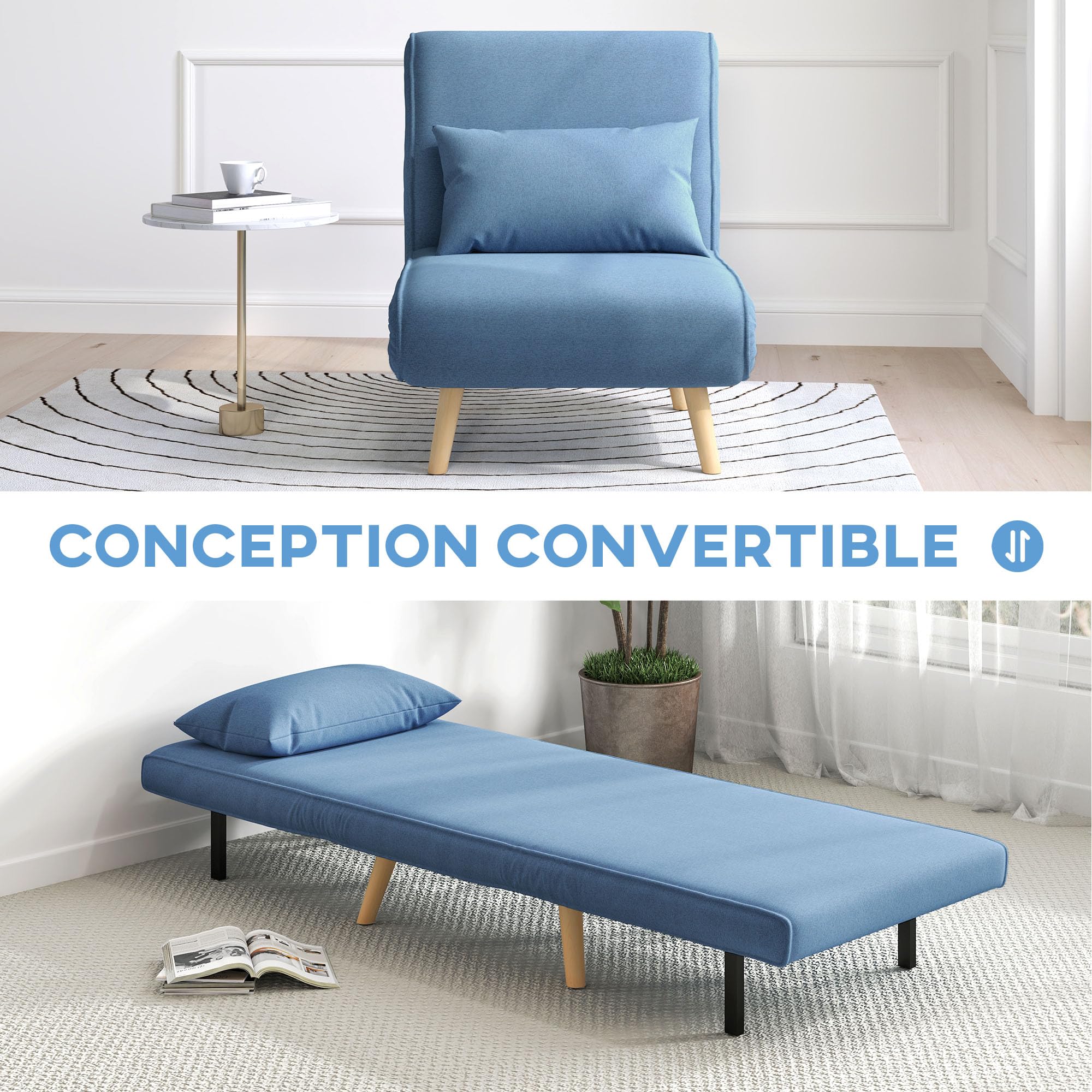 HOMCOM 3 en 1 Fauteuil Convertible 1 Place, Fauteuil lit et chauffeuse - Dossier inclinable 5 Niveaux et Oreiller Inclus, siège rembourré - pour Bureau, Salon, Chambre à Coucher, Bleu