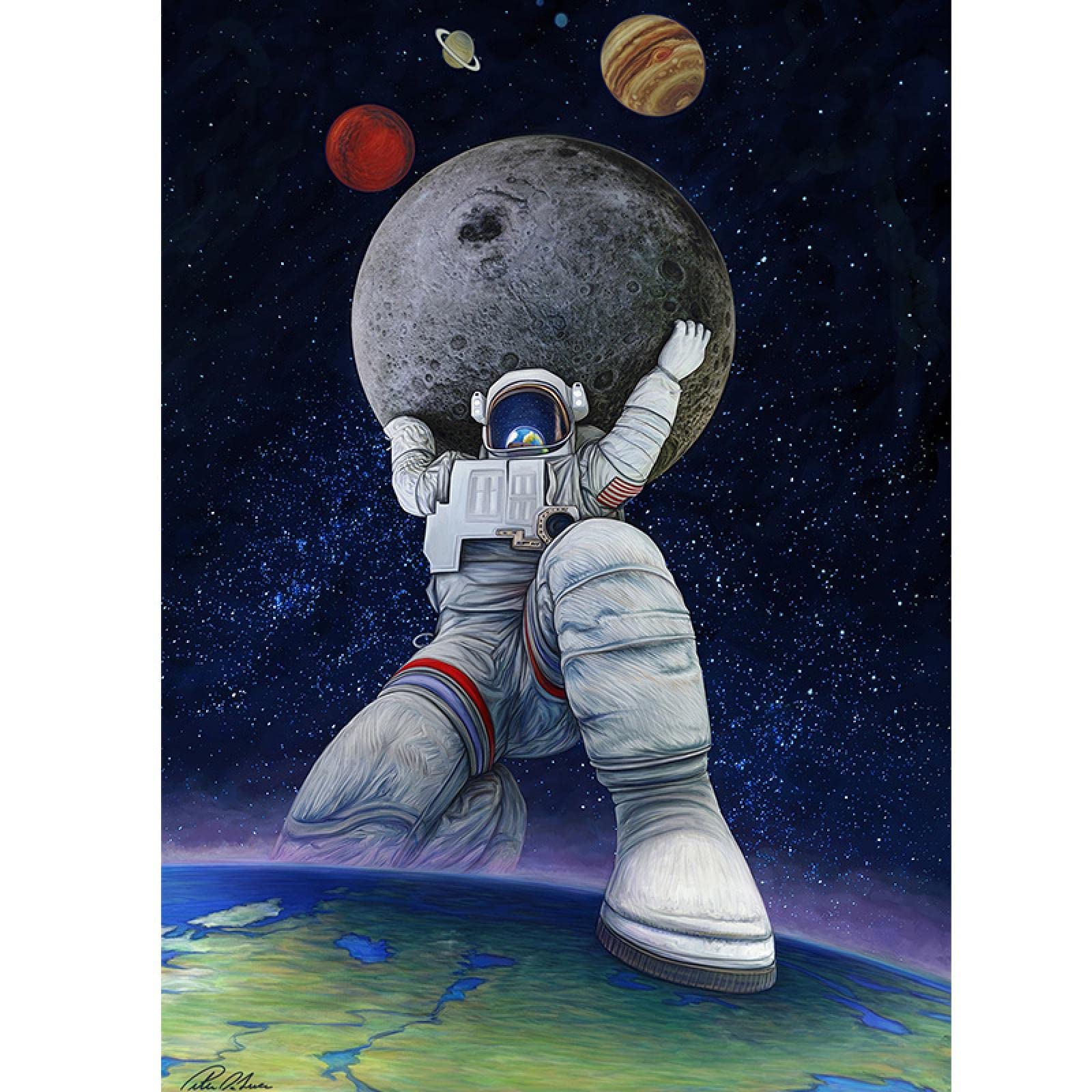 Amazon.co.jp: ポスターと版画地球上の月と足を保持している面白い宇宙