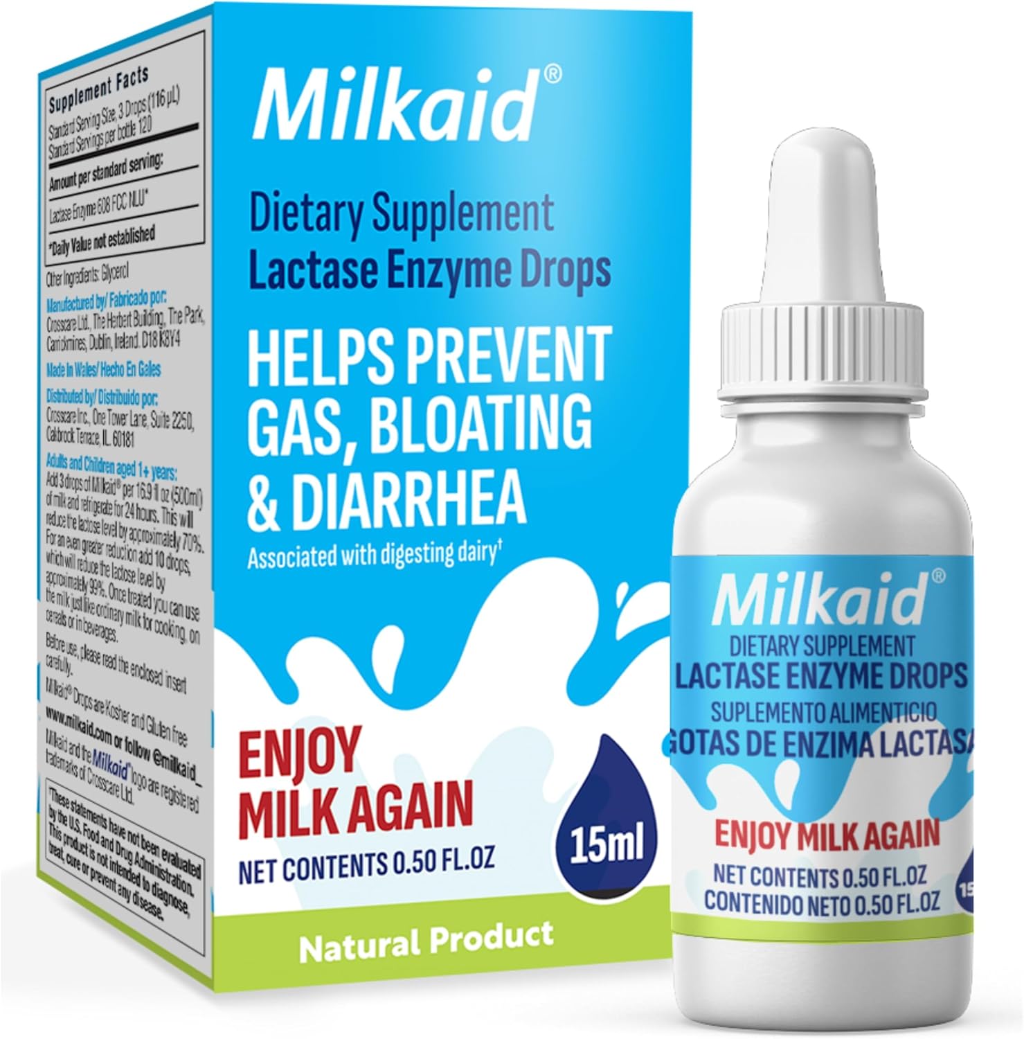 Milkaid Lactase Enzyme Drops Tablets for Lactose Intolerance Relief | Prevents Gas, Bloating & Diarrhea | Dairy Digestive Supplement | 0.5 Fl Oz & 120 Raspberry Flavored Tablets