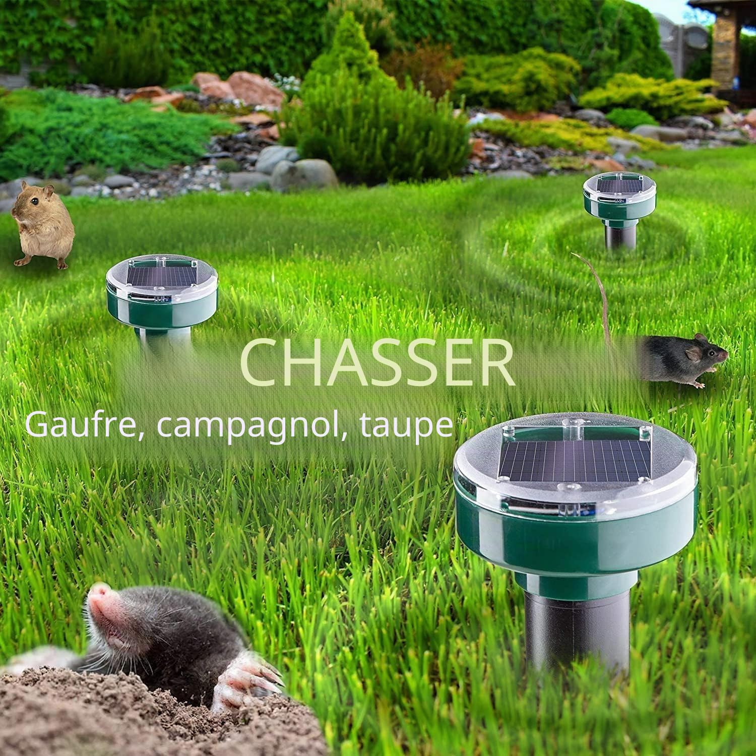 Lot de 4 répulsifs solaires à ultrasons pour Taupes et Taupes - Étanches - Répulsif pour Animaux - Marmotte - Serpent - pour pelouse et Jardin