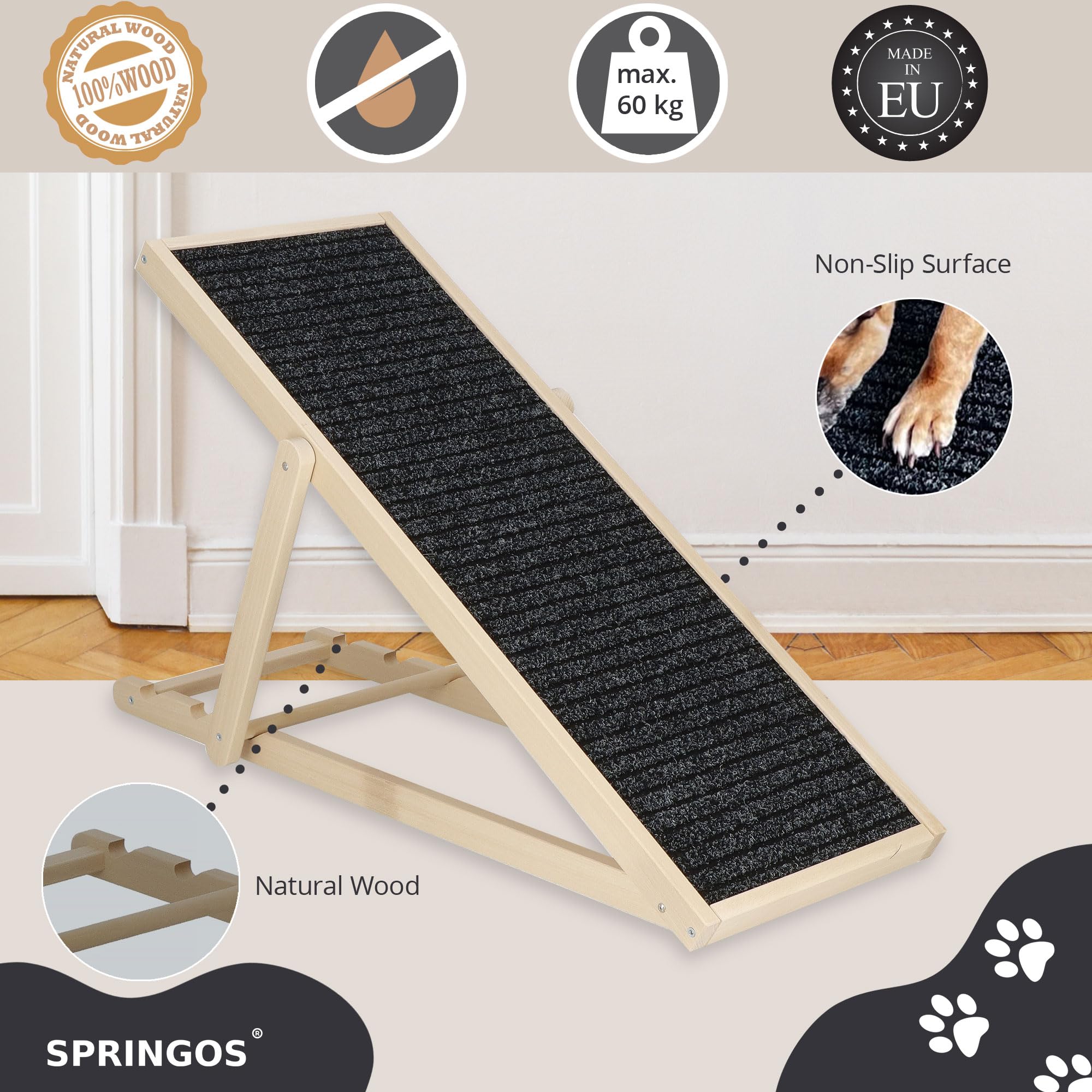 SPRINGOS Rampe pour chien, réglable, 42,5 à 59 cm, pour lit ou canapé, pliable, en bois, pour animaux de compagnie, avec insert antidérapant
