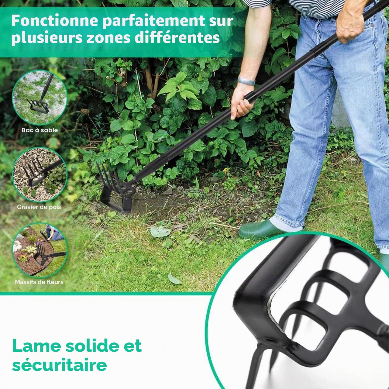Houe de Jardin avec Râteau, Serfouette Binette Trident de Jardin pour Labourer et Désherber Le Sol, Cultivateur de Jardinage Manuel, Largeur 157cm Réglable