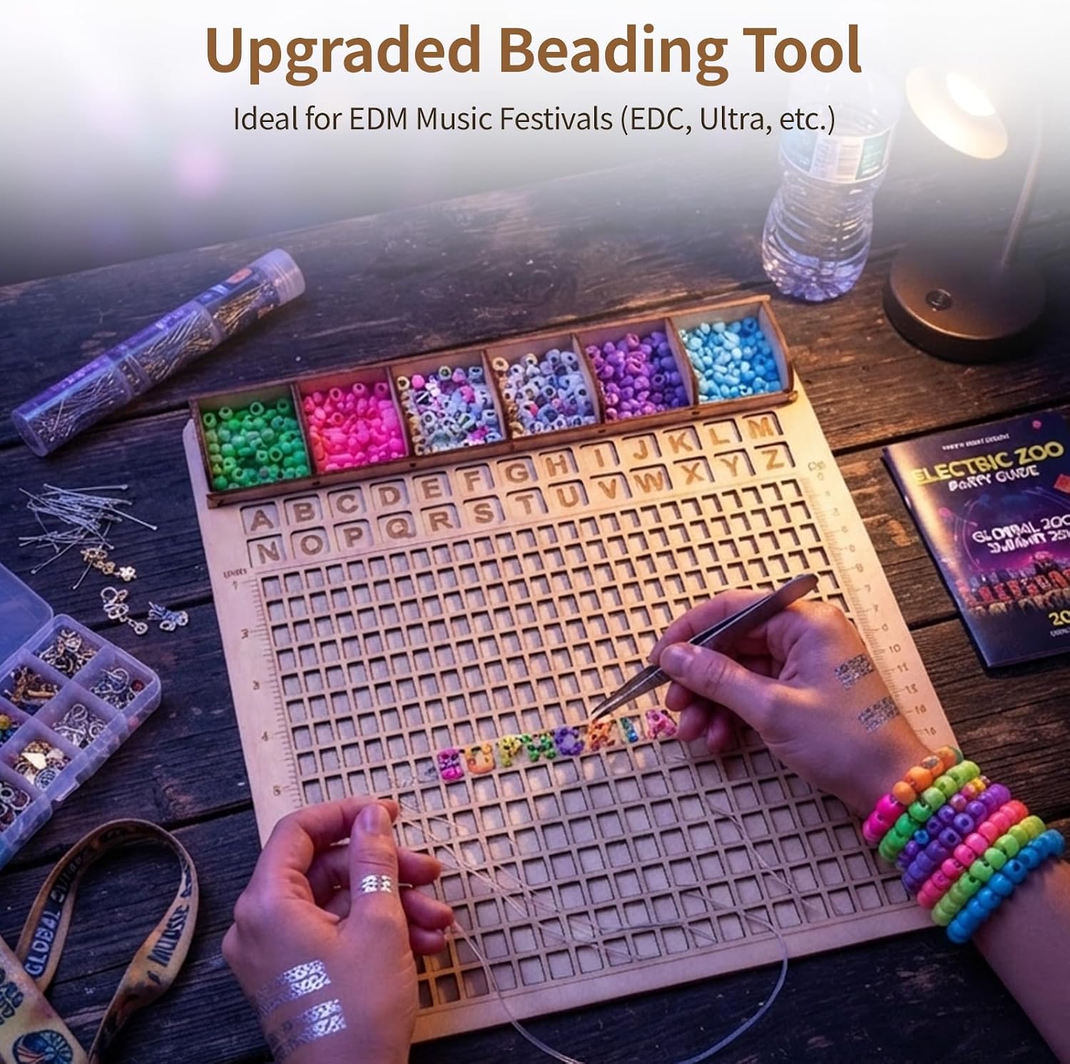 Wooden Pony Bead Sort Tray A-Z Letter Slots for Kandi Bracelet DIY Craft