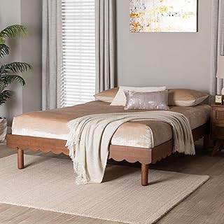 Baxton Studio Orianthe Wood Platform Bed Frame with Scalloped Edge Design - Low Profile Bed Base with Round Legs, Modern Minimalist Bedroom Furniture, Queen Size