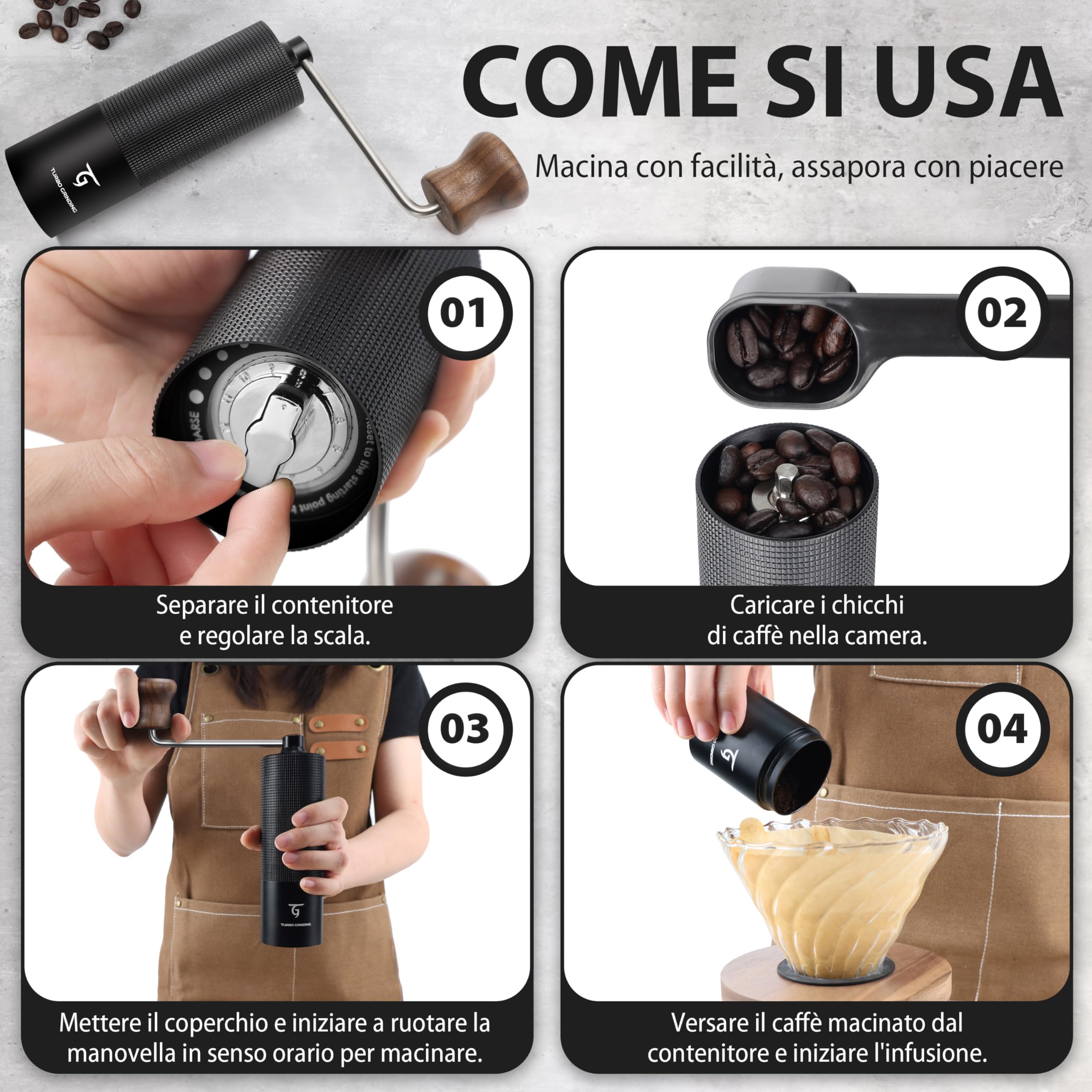 SUNYA Macinacaffè Manuale - Corpo in alluminio con texture antiscivolo, lama monopezzo affusolata in acciaio inossidabile