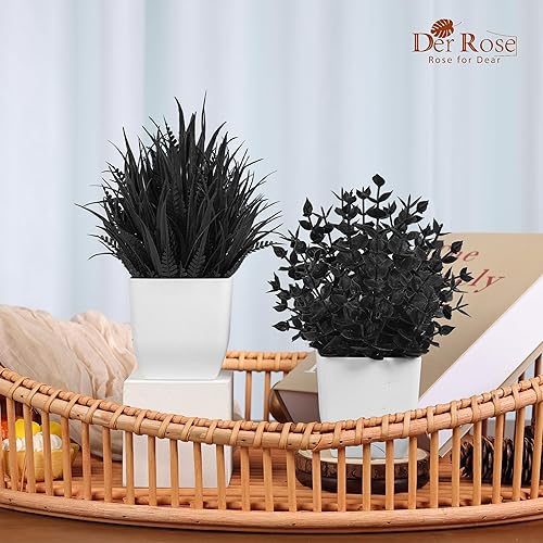 Miniatura 2 de Der Rose Paquete de 2 pequeñas plantas artificiales negras en maceta para decoración de Halloween, mesa, escritorio, hogar, oficina, decoración de