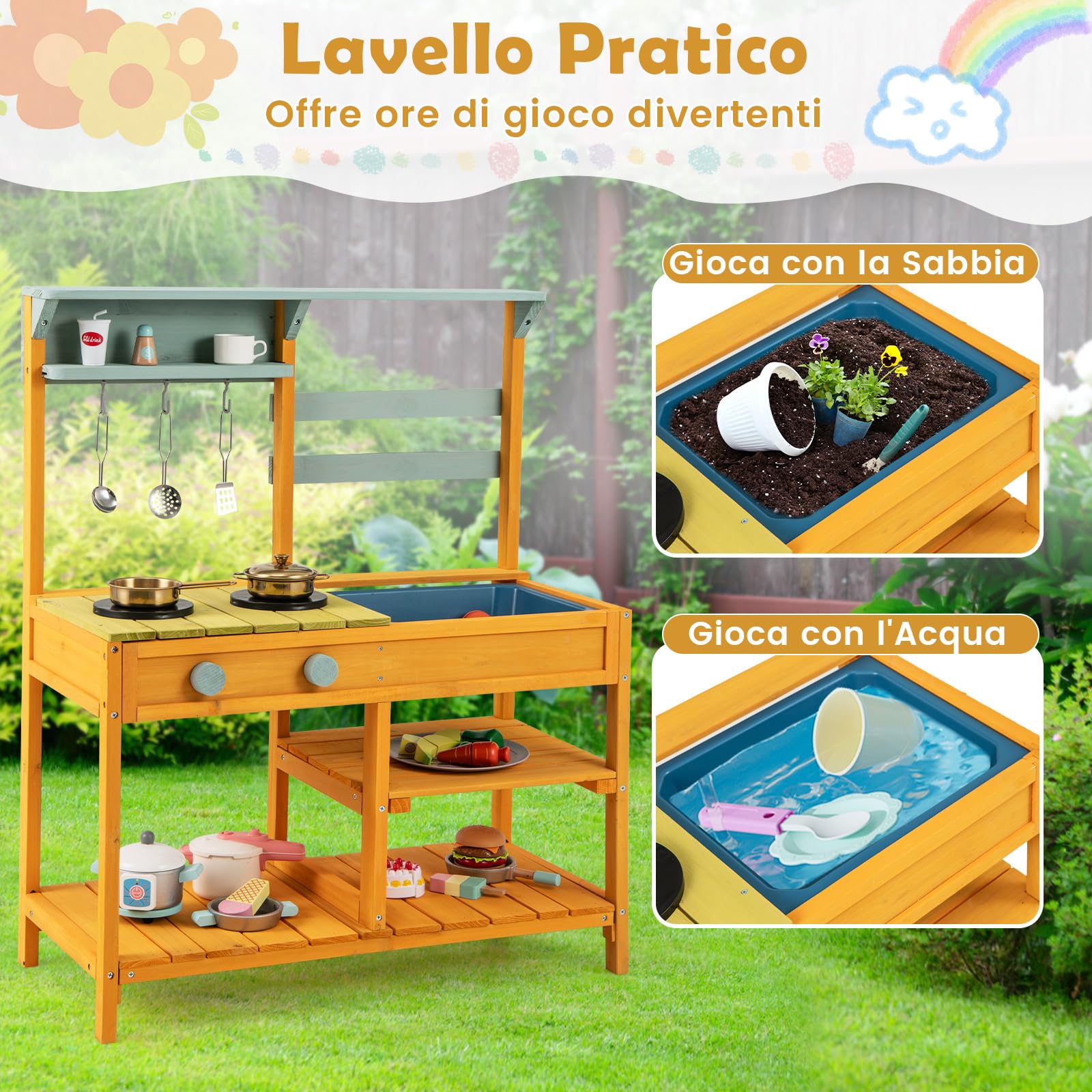 RELAX4LIFE Cucina Giocattolo per Bambini, Cucina da Esterno in Legno con Fornelli e Lavandino, Ripiani Aperti, Cucina Giocattolo Interattiva per Bambini 3+ Anni (Giallo)