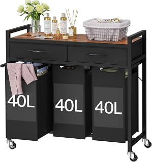 FIONESO 3-Section 120L Laundry Sorter Hamper with Wheels, 2 Drawers & Removable Bags - Rolling Organizer for Laundry Room