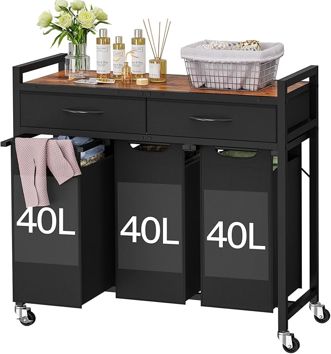 Laundry Sorter 3 Section with Tabletop & 2 Drawers, Rolling Laundry Hamper with Pull-Out and Removable Bags, Laundry Basket Organizer with Wheels and Shelf, Metal Frame Rustic Brown for Laundry Room