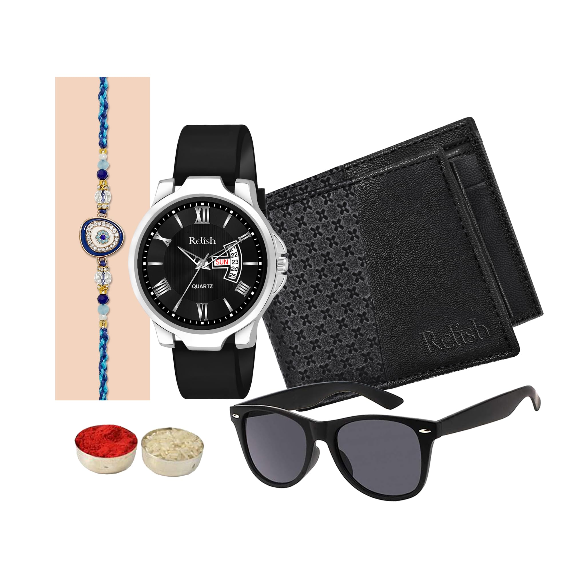Relish Rakhi Gift Combo Box, Watch, Wallet, Sunglasses, Rakhi, Roli Chawal Pack, Greeting Card | Raksha Bandhan Rakhi Gift Combo for Brother (B0D4Z8VPC7) Amazon Price History, Amazon Price Tracker