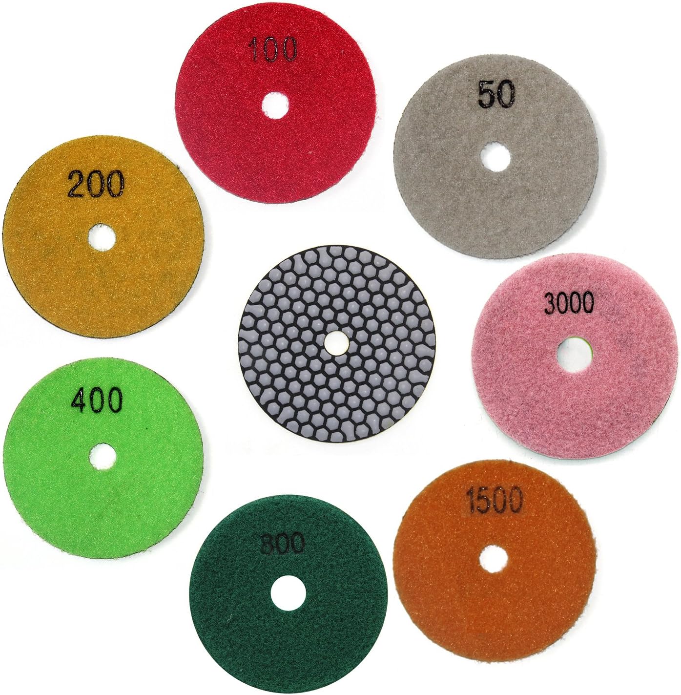 Premium Grade 4 Inch Diamond Dry Polishing Pads Tools for Sanding Marble Granite Stone Pack of 7 Grit 50-3000