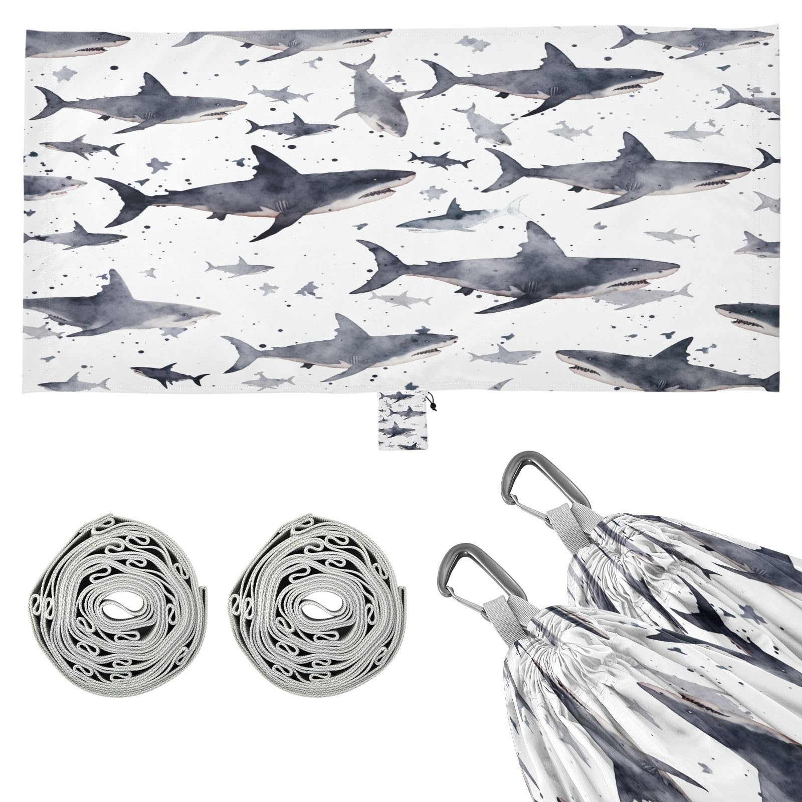 SDMKA Shark Pattern White Camping Hammock, 330 lbs with 2 Tree Straps, Carry Bag, Single Portable Hammock for Outdoor/Indoor, Hiking, Beach, Backpacking, Travel