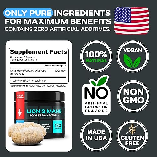 Miniatura 2 de Cápsulas de suplemento de melena de león de 1000 mg - Complejo orgánico de hongos con Alpha GPC - Bienestar diario y apoyo general de vitalidad -