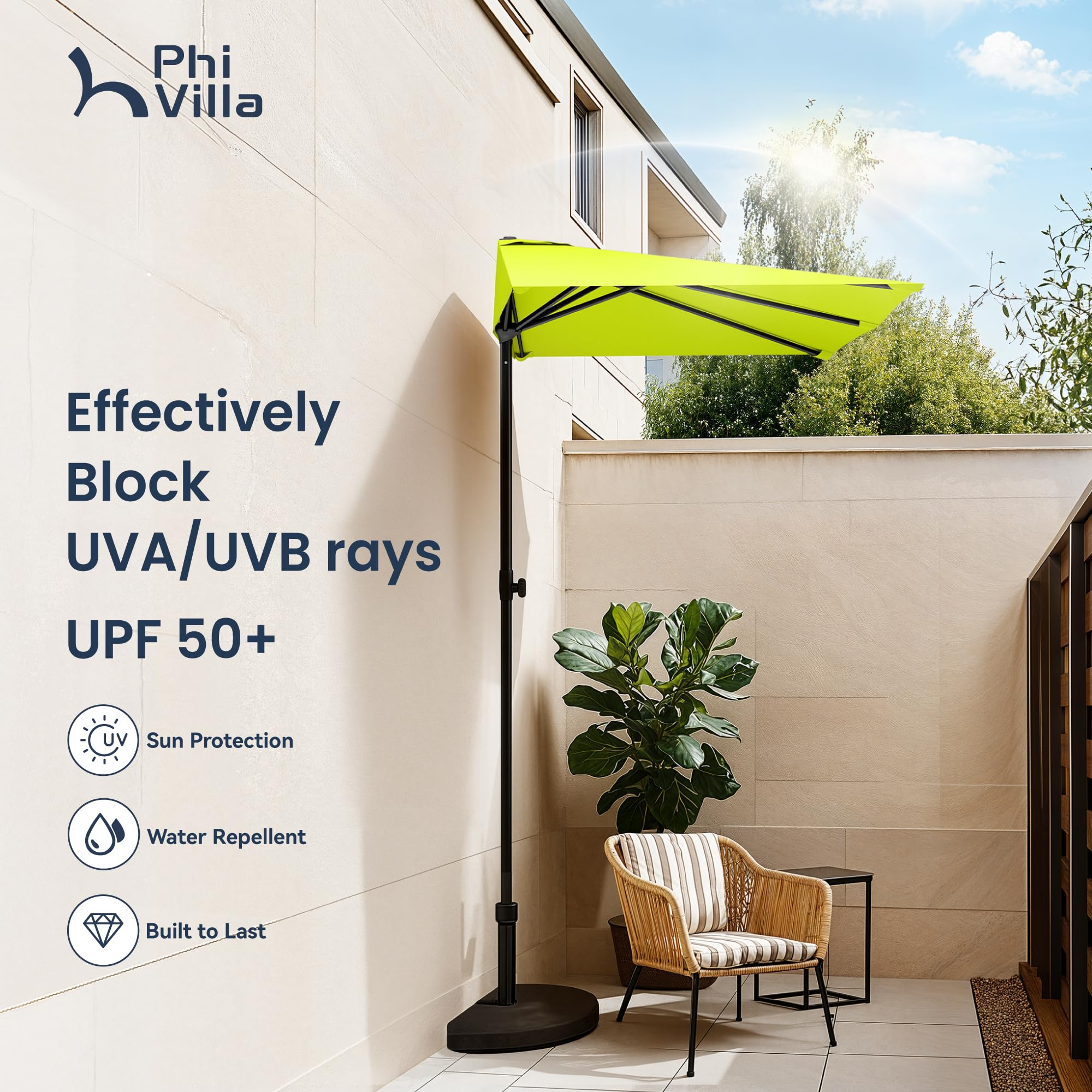 PHI VILLA 2.5x1.3m Half Parasol with Clamp, Height Adjustable Patio Umbrella, Space Saving Rectangle Garden Parasol - Image 6