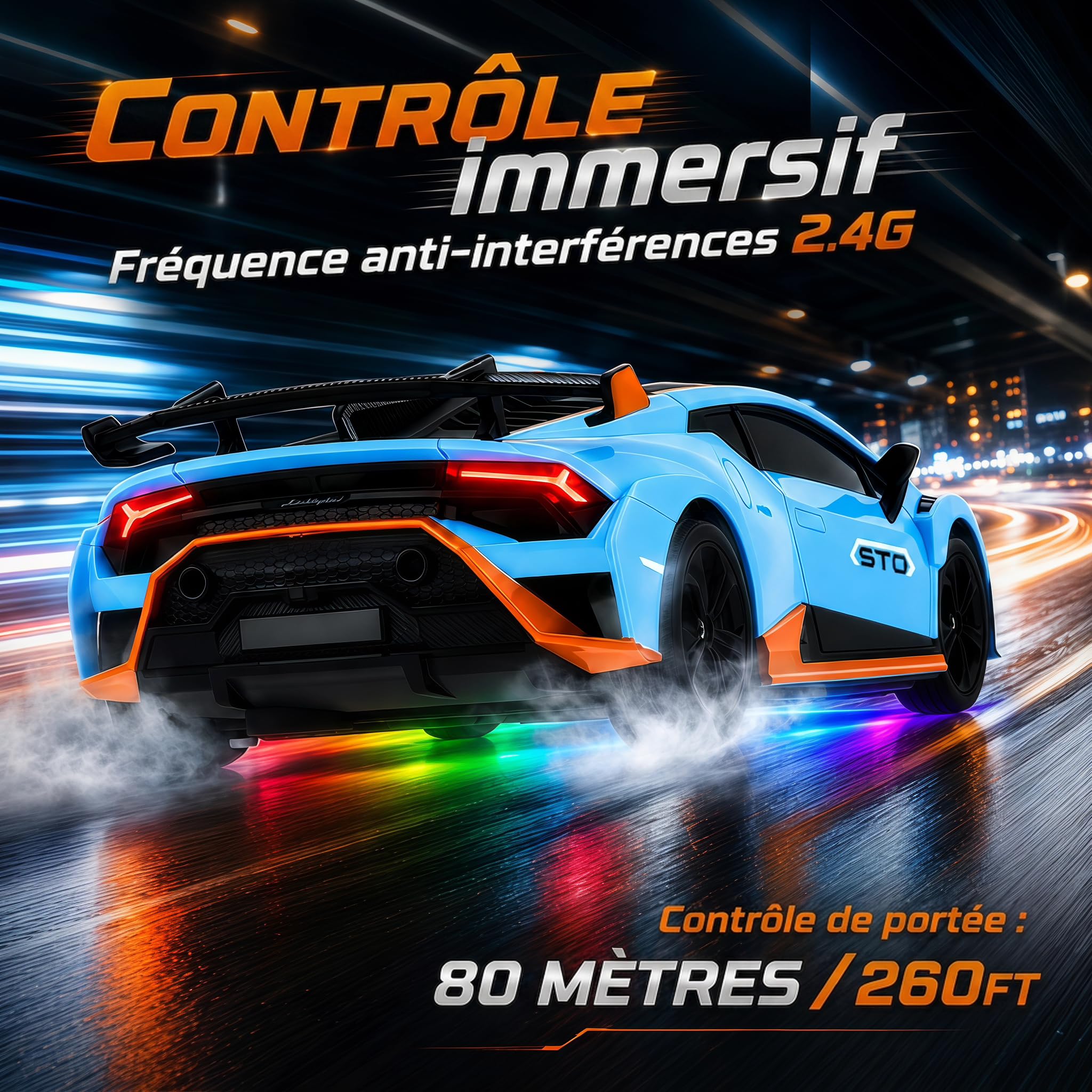 Voiture Télécommandée Lamborghini Huracán STO, Échelle 1:24 Officiellement Licenciée, Voiture Jouet Lambo Haute Vitesse 25 km/h Drift RC avec Lumière LED, Modèles 2.4GHz pour Garçons Filles Adultes