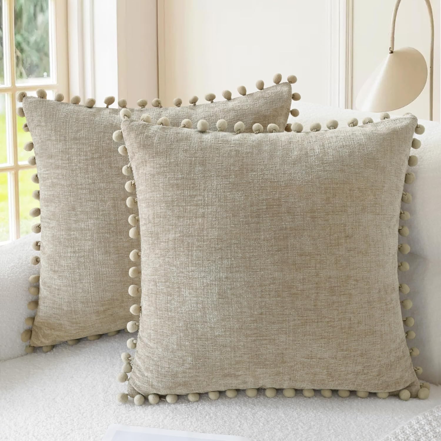 CaliTime Throw Pillow Covers Decorative 18 X 18 Inches Pack of 2 Cozy Solid Dyed Soft Chenille Cushion Cases with Pom Poms for Couch Sofa Bed Living Room Home Apricot Brown