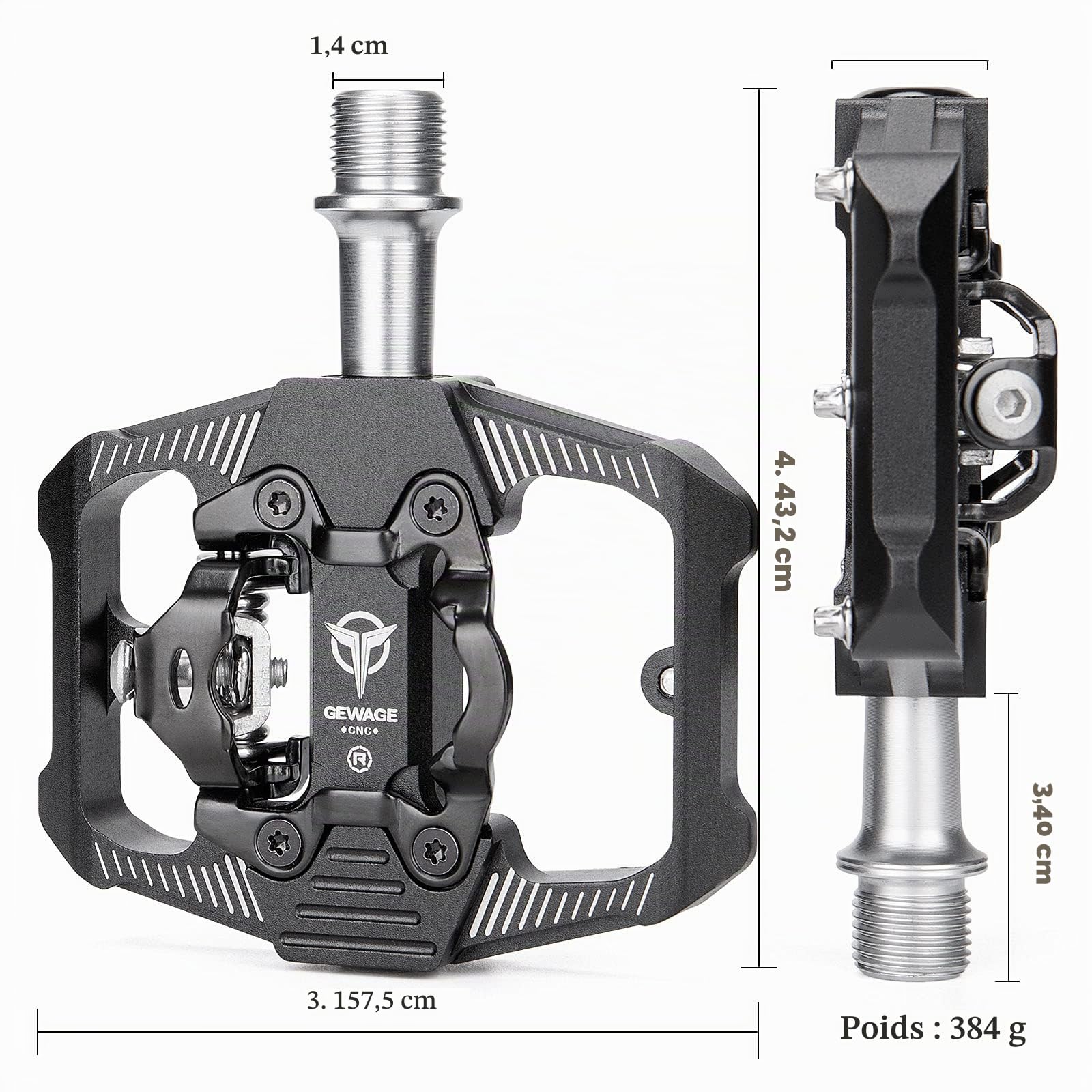GEWAGE Pédales Vélo SPD Double Fonction - Plateau/Clipless, 3 Roulements Étanks, Aluminium Léger 9/16" avec Picots pour VTT et Route,vélo de Gravier